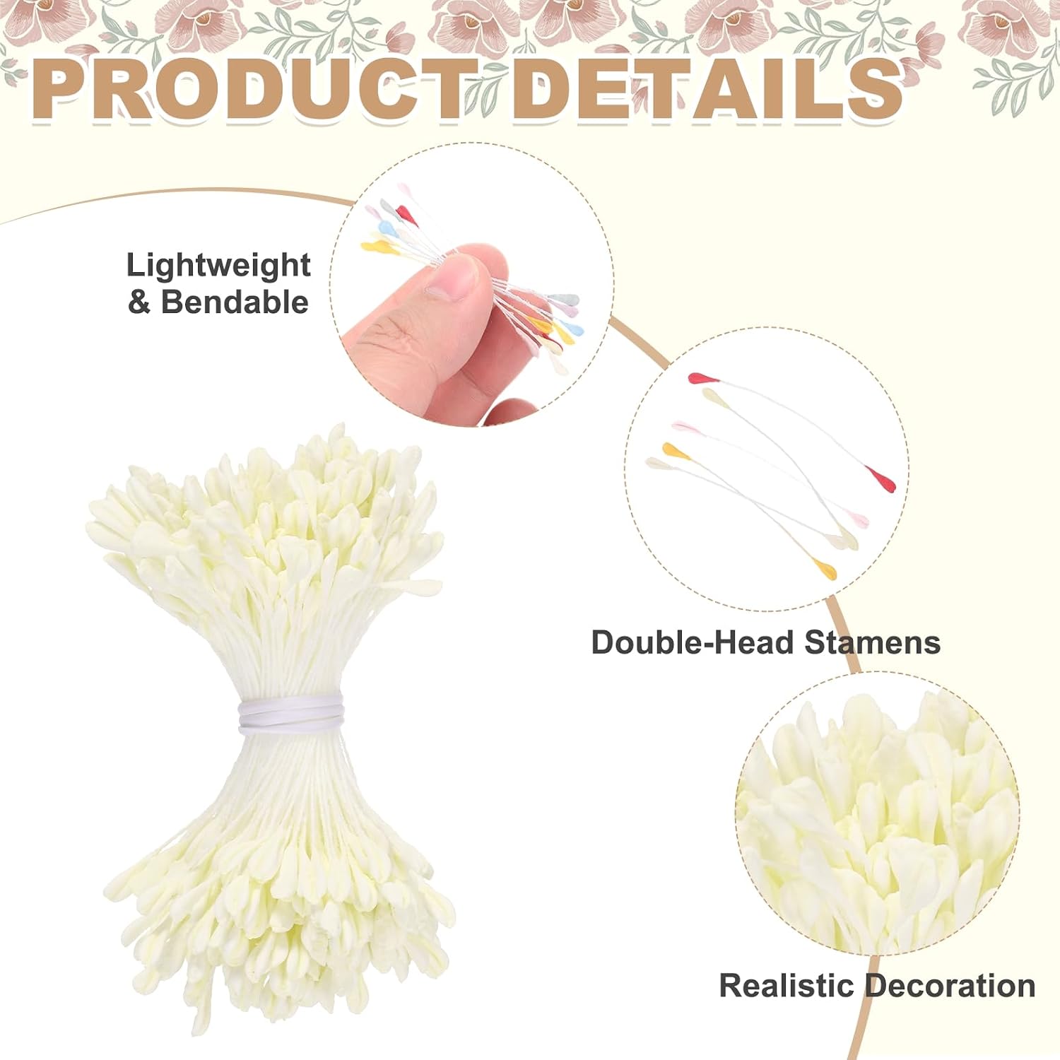 MECCANIXITY 3mm Double Head Flower Stamen 1020 Pcs Artificial Floral Stamens Pistil for Christmas Wedding Flowers Making Scrapbook Decoration DIY Crafts, Cream White
