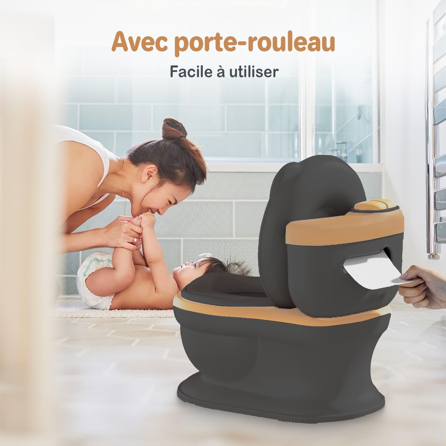 Twinky® Pot pour bébé et enfant - Potty Trainer 3 en 1 - Toilettes pour bébé - Avec son chasse d'eau - Design compact - Musique et porte-rouleau - Siège de toilette parfait pour les enfants - Noir