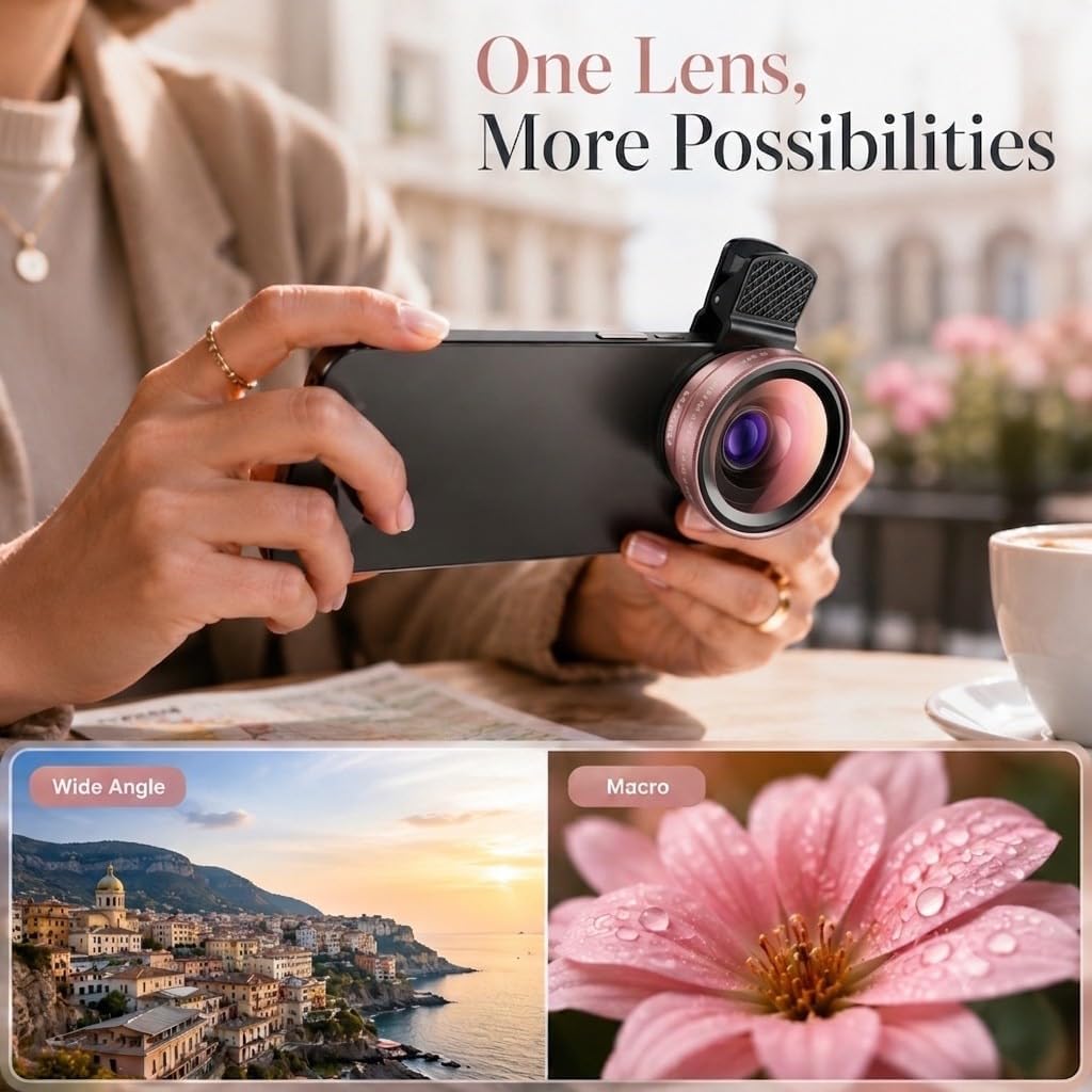 Phone Camera Lens Kit, 0.45X Super Wide Angle Lens + 15X Macro Lens 2 in 1 Professional Lens Attachment for Phone 17/16/15/14/13