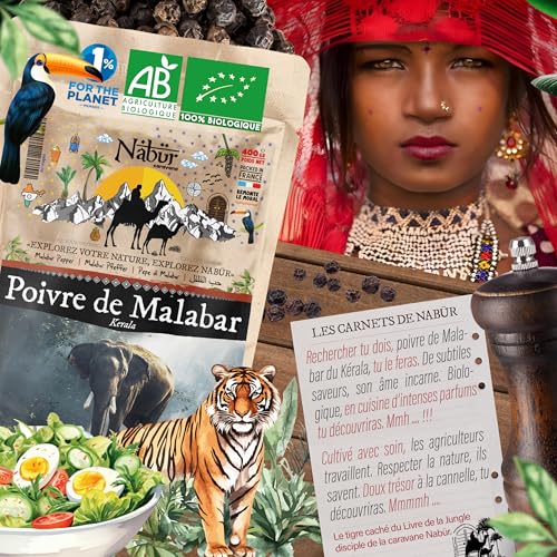 Nabür - Poivre Noir de Malabar BIO 400gr Poivre du Tigre Kérala, Gourmet de Malabar | Poivre d'Inde Authentique, Fruité, Notes fumés – vue 3