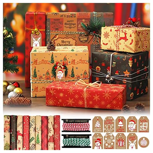 Amzeeniu Papel Regalo Navidad, 70x50cm Papel de Regalo Reciclable Kraft,10 Hojas Papel Para Envolver Regalos + Etiquetas +2 Rollo Cuerda de algodon,Envolver Regalos Colorido,Navidad Papel para Regalo