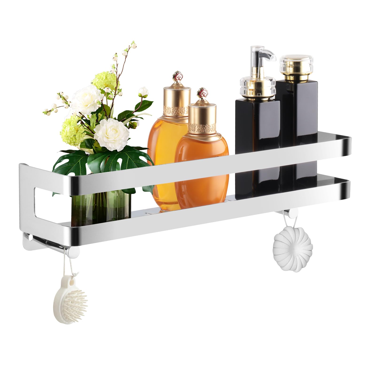 Estanteria Baño,Estante Ducha Acero Inoxidable, Organizador Ducha con Ganchos (Plata) (40cm)