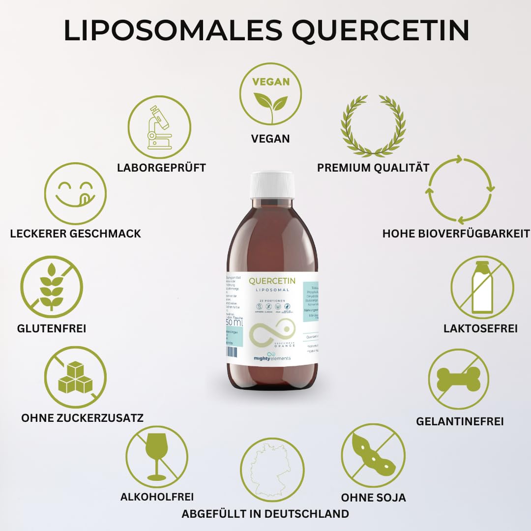 Mighty Elements quercetina liposomiale ad alto dosaggio 300 mg, liquido, 250 ml, vegana, super sapore, alta biodisponibilità, bottiglia di vetro