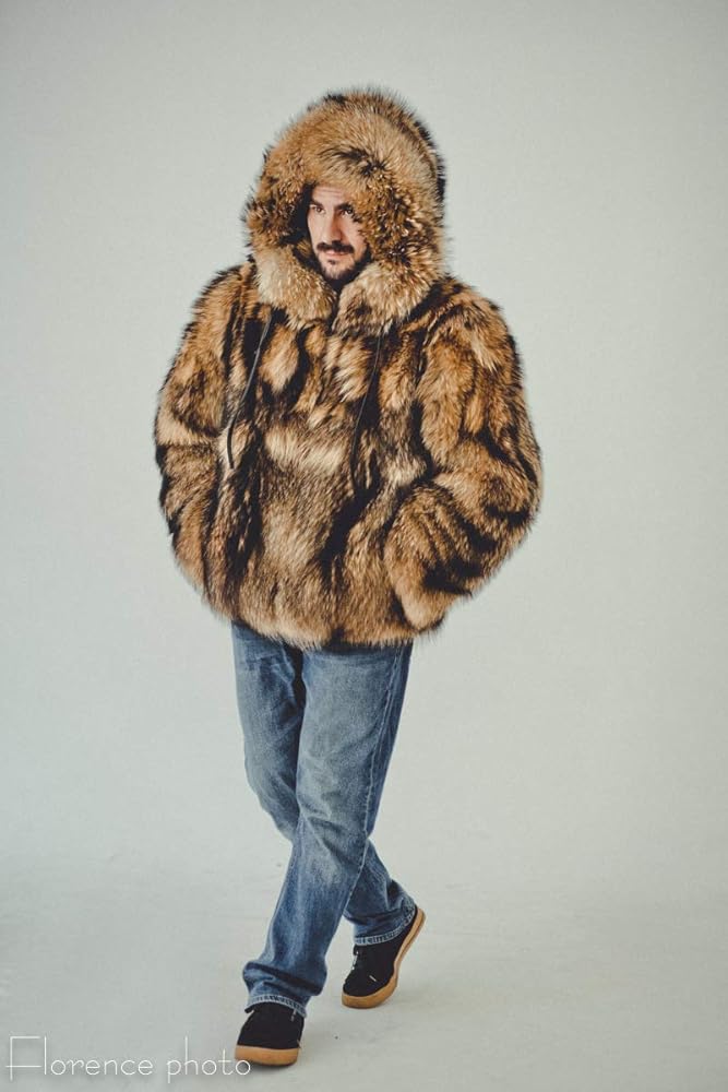 Amazon.com: Forestfox Fur Mens Real Raccoon Fur Jacket with Hood