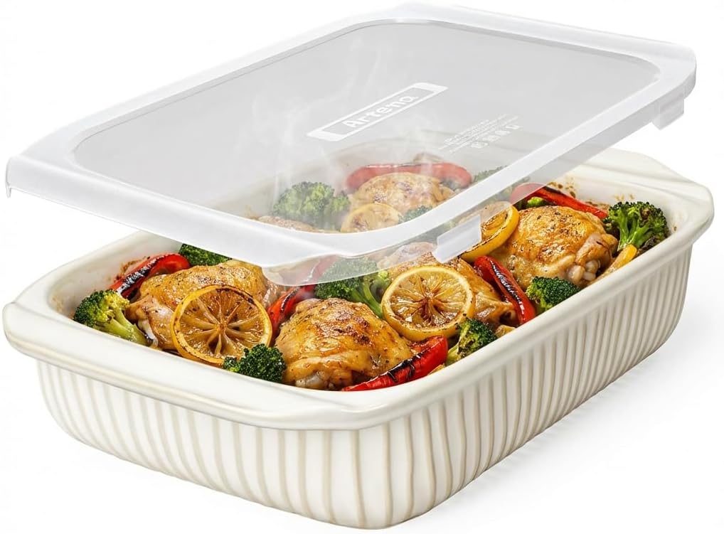Artena 5.1 Quart Ceramic Baking Dish with Lid - Oven Safe Lasagna Pan, Deep Casserole Dish with Wide Handles for Family Meals