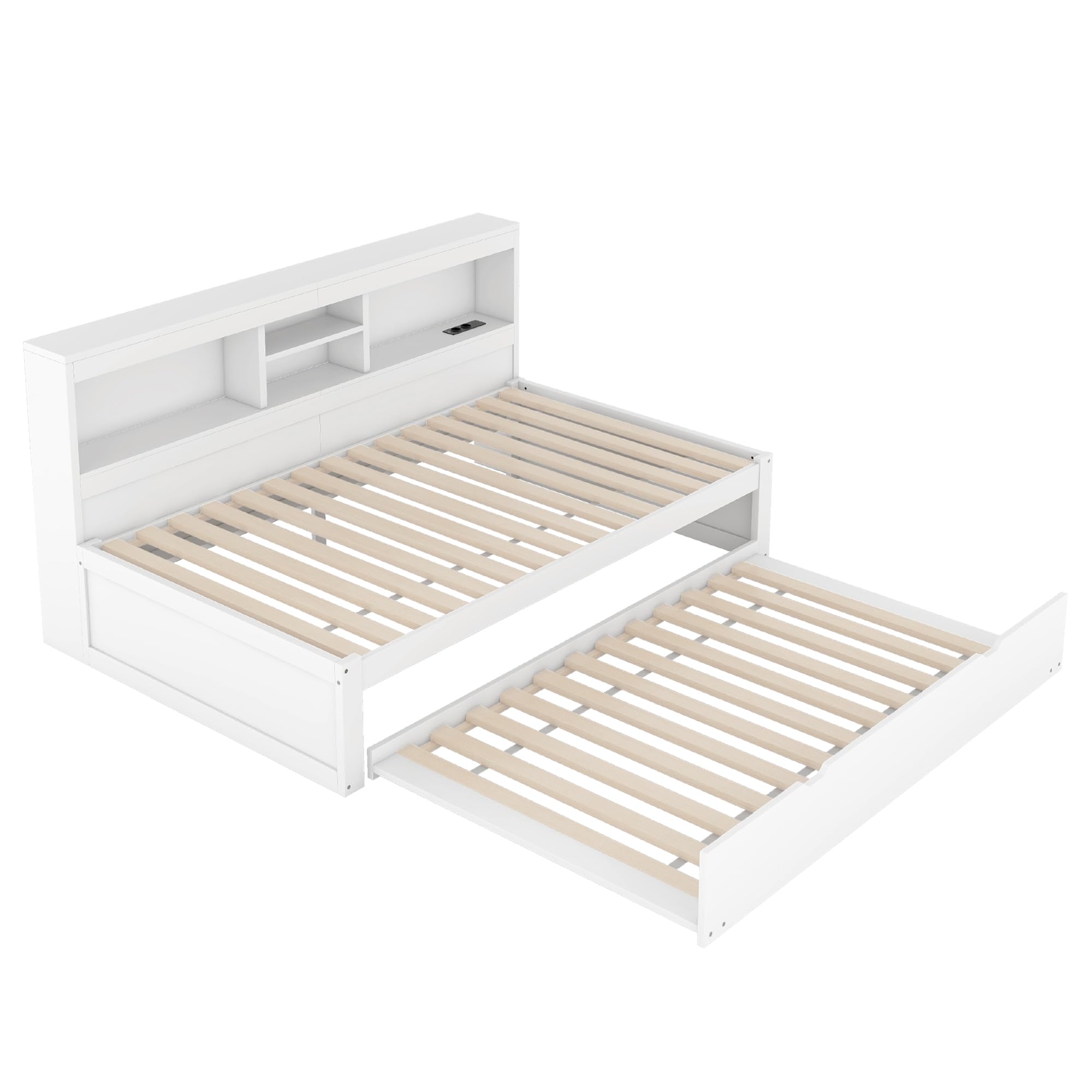 Soweiz Sofá cama, cama de día, iluminación ambiental teledirigida, compartimento de almacenamiento lateral de la cama, cama extraíble, enchufe + USB, sin colchón, camas para niños y niñas (blanco, 90