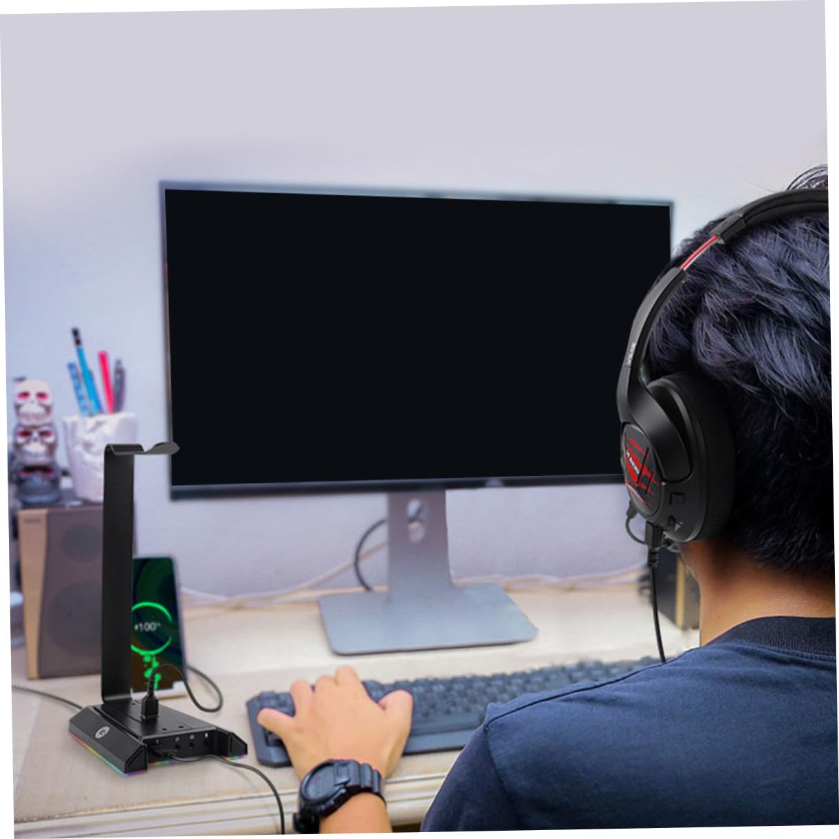 ULTECHNOVO Soporte de Sobremesa para Auriculares Rgb para Juegos Negro Abs | Diseño de Escritorio, Compatible Teléfono y Auriculares, Accesorio para Ordenador y PC Gaming