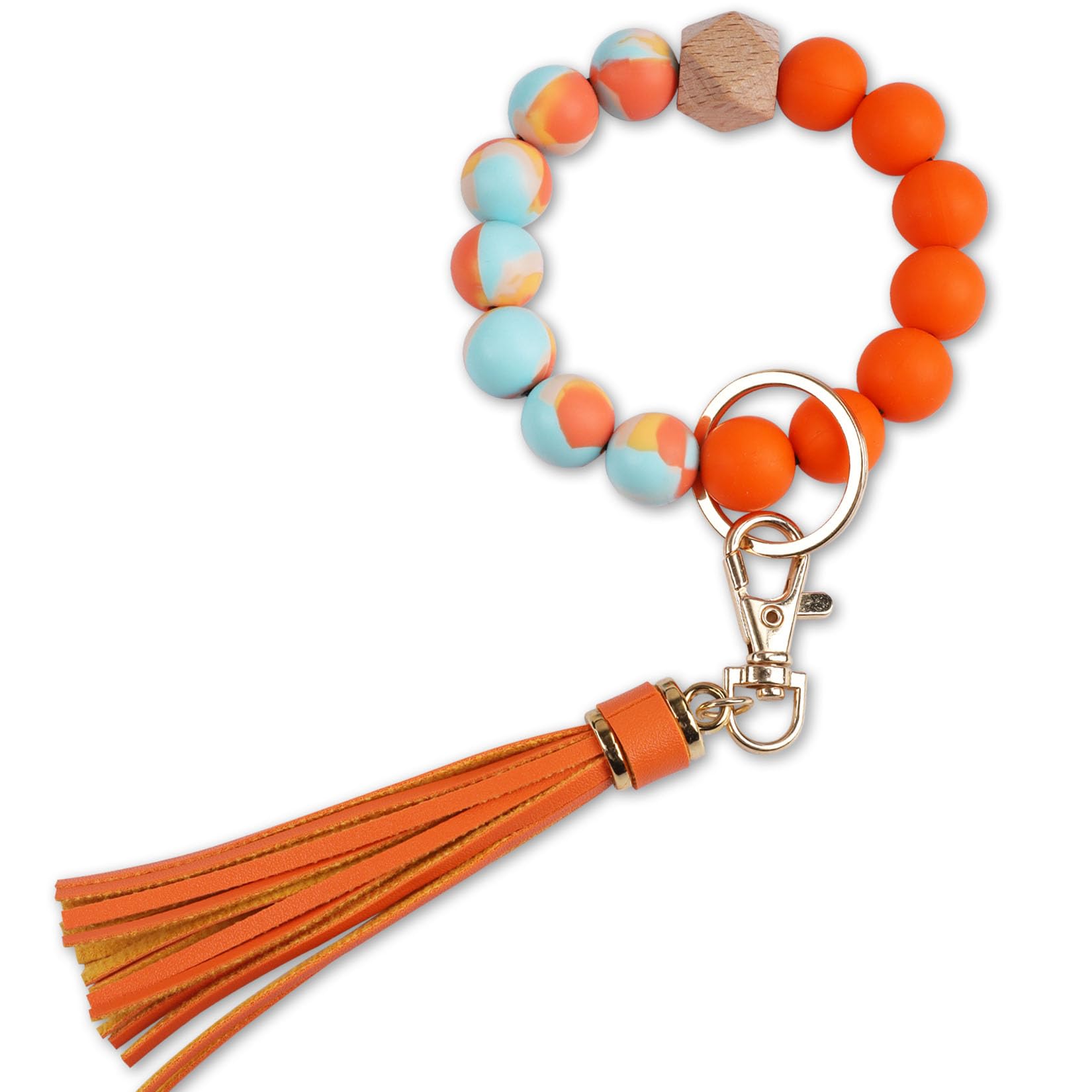 GIEMSON Silicone Key Ring Bracelets Wristlet Keychain Car Beaded Key Ring Bangle Chains for Women, Orange, General