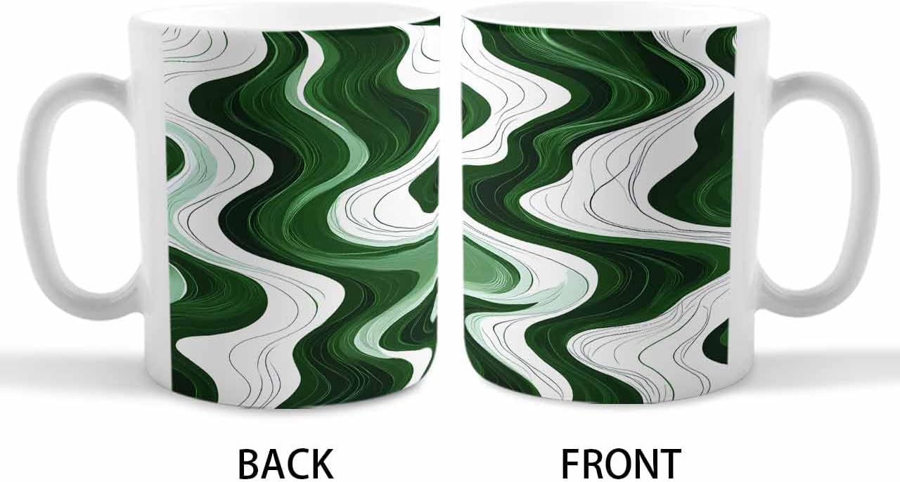 BEMIGO Ceramic Coffee Mug Abstract Wave Texture Ceramic Mug White Cup, Green White Insulated Coffee Cup with Handle with Pattern Perfect for Tea and Hot Beverages, 12oz