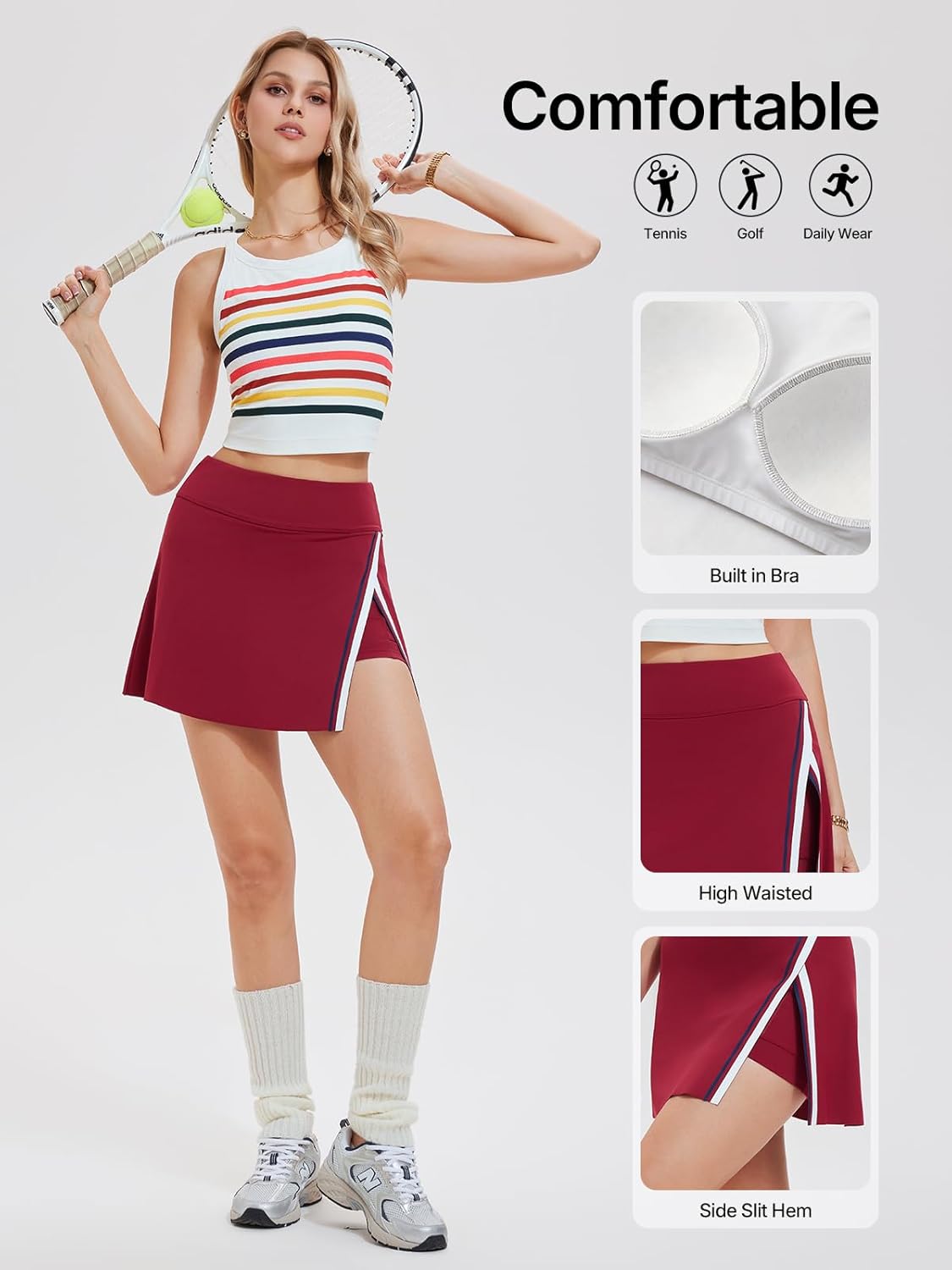 Women’s 2 Piece Tennis Skirt Set Athletic Side Slit Skort with 4 Pockets & Padded Racerback Crop Top for Pickleball Golf