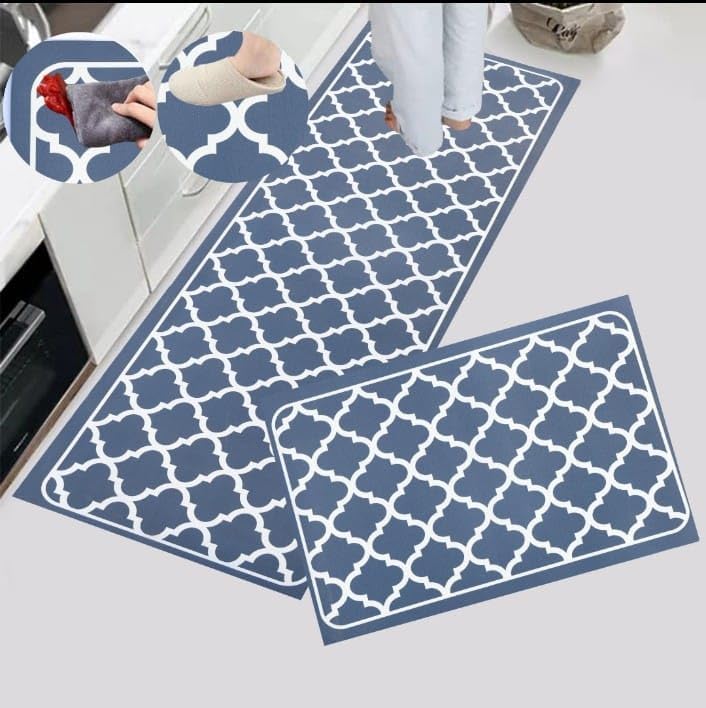 Image of HomeCloud Rubber Kitchen Rectangular Mats For Floor Set Of 2 Pcs | Non-Skid, Soft Absorbent Rugs For Kitchen, Laundry, And Hallway | 120X40Cm, 40X60Cm| 4Mm Thickness (Trap Blue)