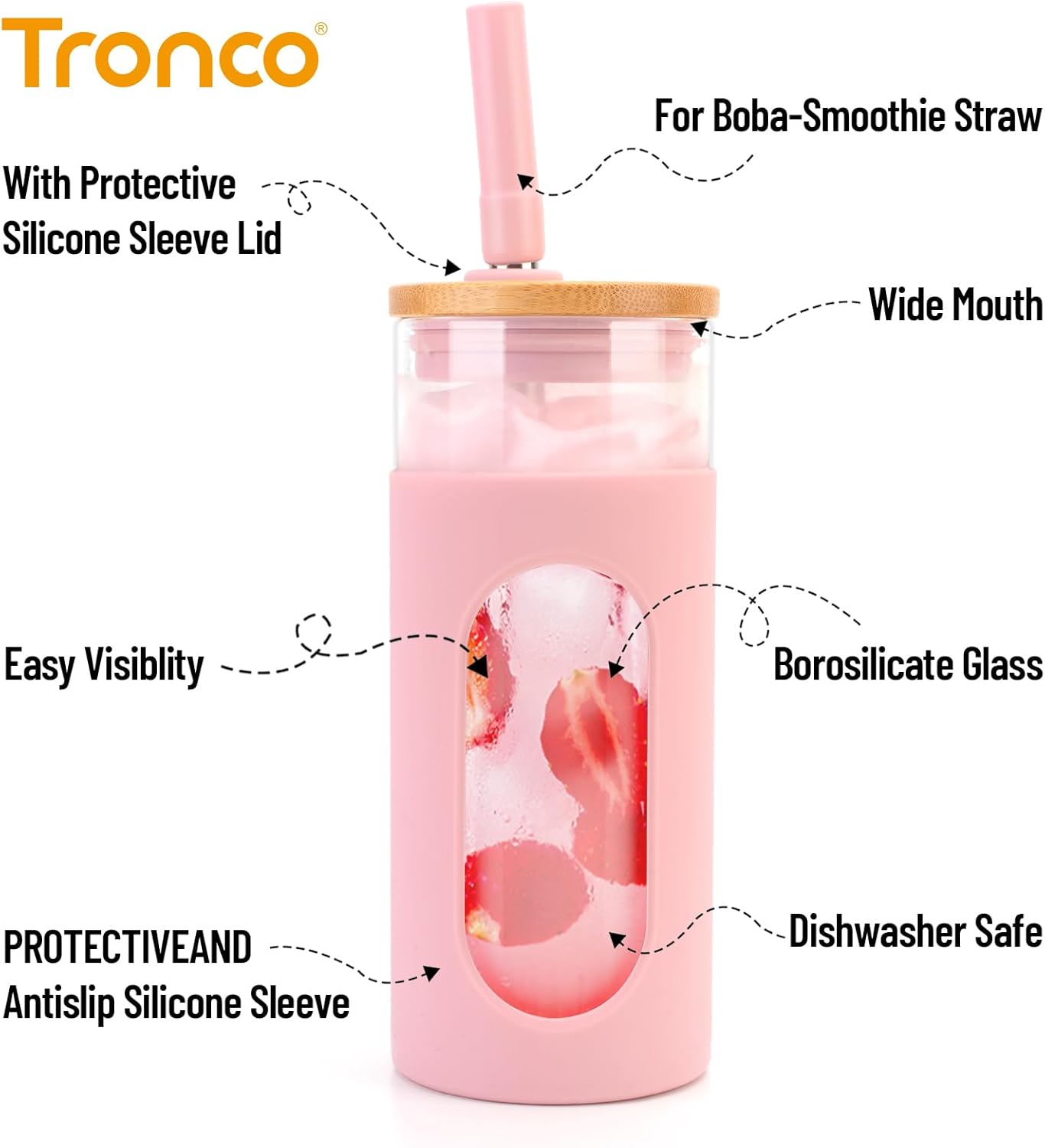 Tronco 20oz Glass Tumbler with Bamboo Lid and Straw, Reusable Iced Coffee Cup for Boba Tea, Smoothies & Cold Drinks, Spill-Proof Glass Cup with Silicone Sleeve, Dishwasher Safe, BPA-Free - Image 2