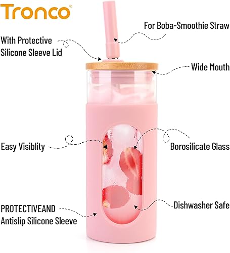Miniatura 2 de Tronco Vaso de vidrio de 22 onzas con tapa de bambú y pajilla, taza de café helado reutilizable para té Boba, batidos y bebidas frías, vaso de