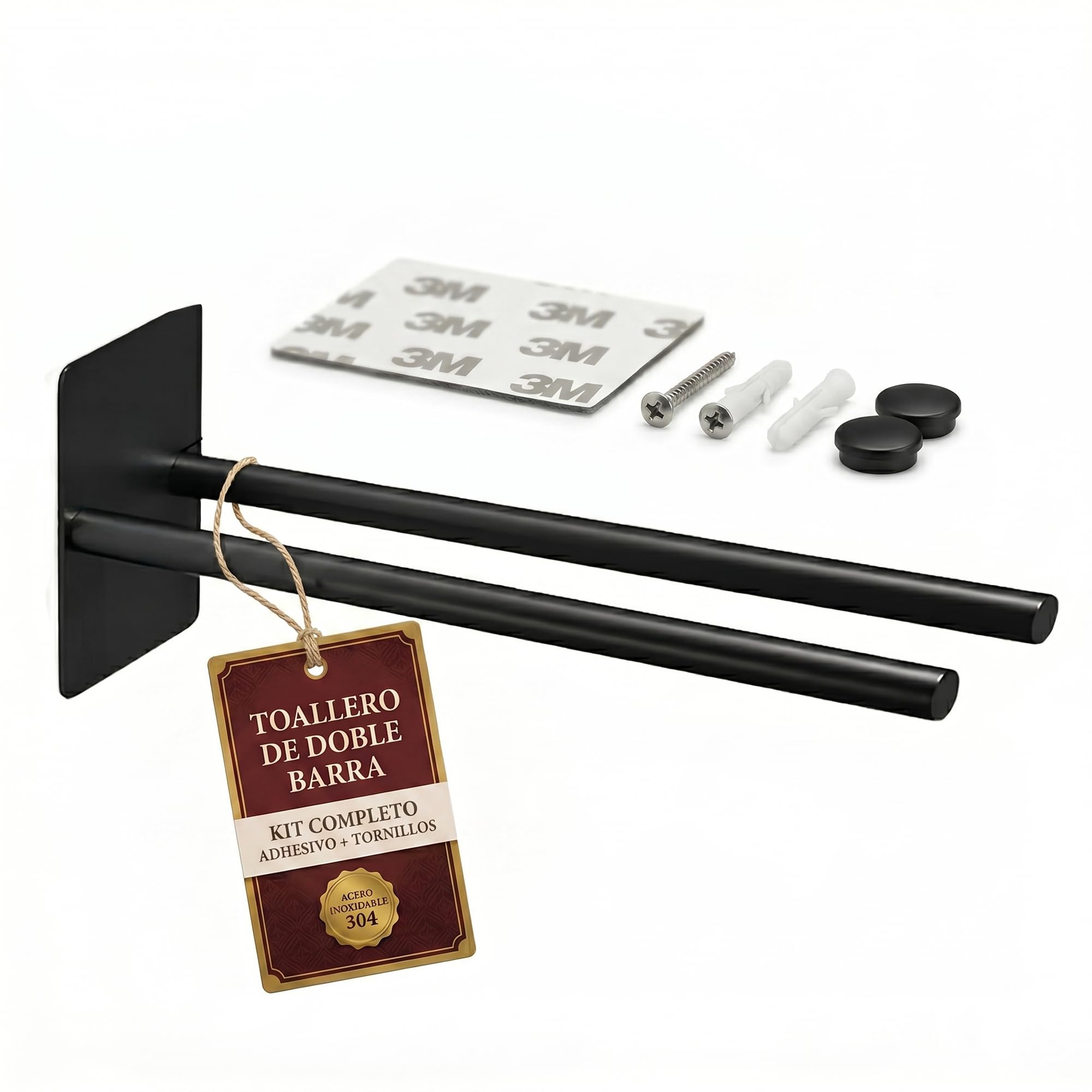 Towel Bar Adhesive Bathroom No Drill Double Bar Matte Black 304 Stainless Steel Towel Hanger Wall Anti-Rust No Works Towel Bar Adhesive Floors Rental Kitchen Shower Self Adhesive 38 cm