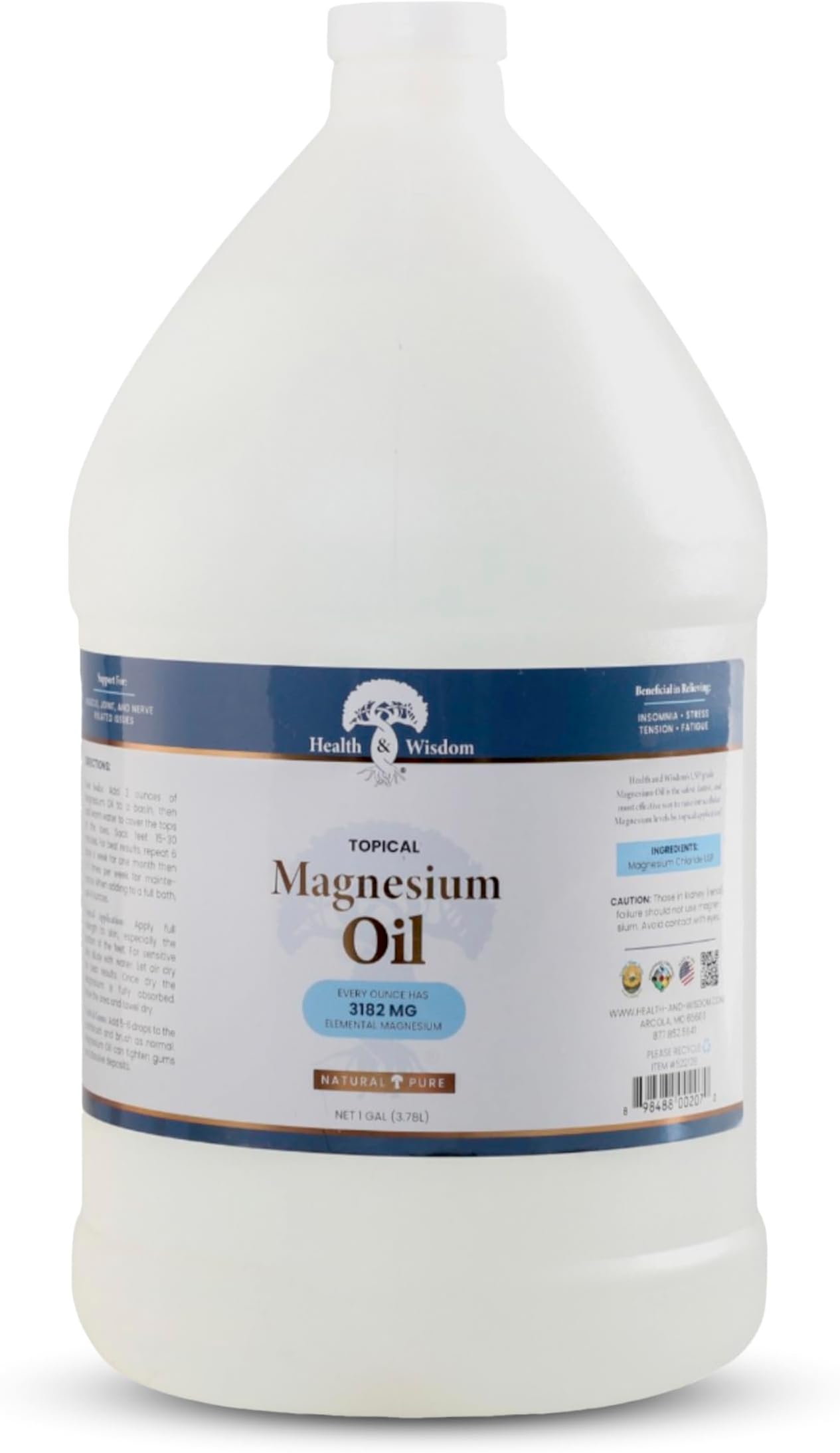 Health & Wisdom Pure Magnesium Oil - Topical Muscle & Joint Relief- Natural and Pure Skin Moisturizer - Enhanced Absorption - 128 fl oz