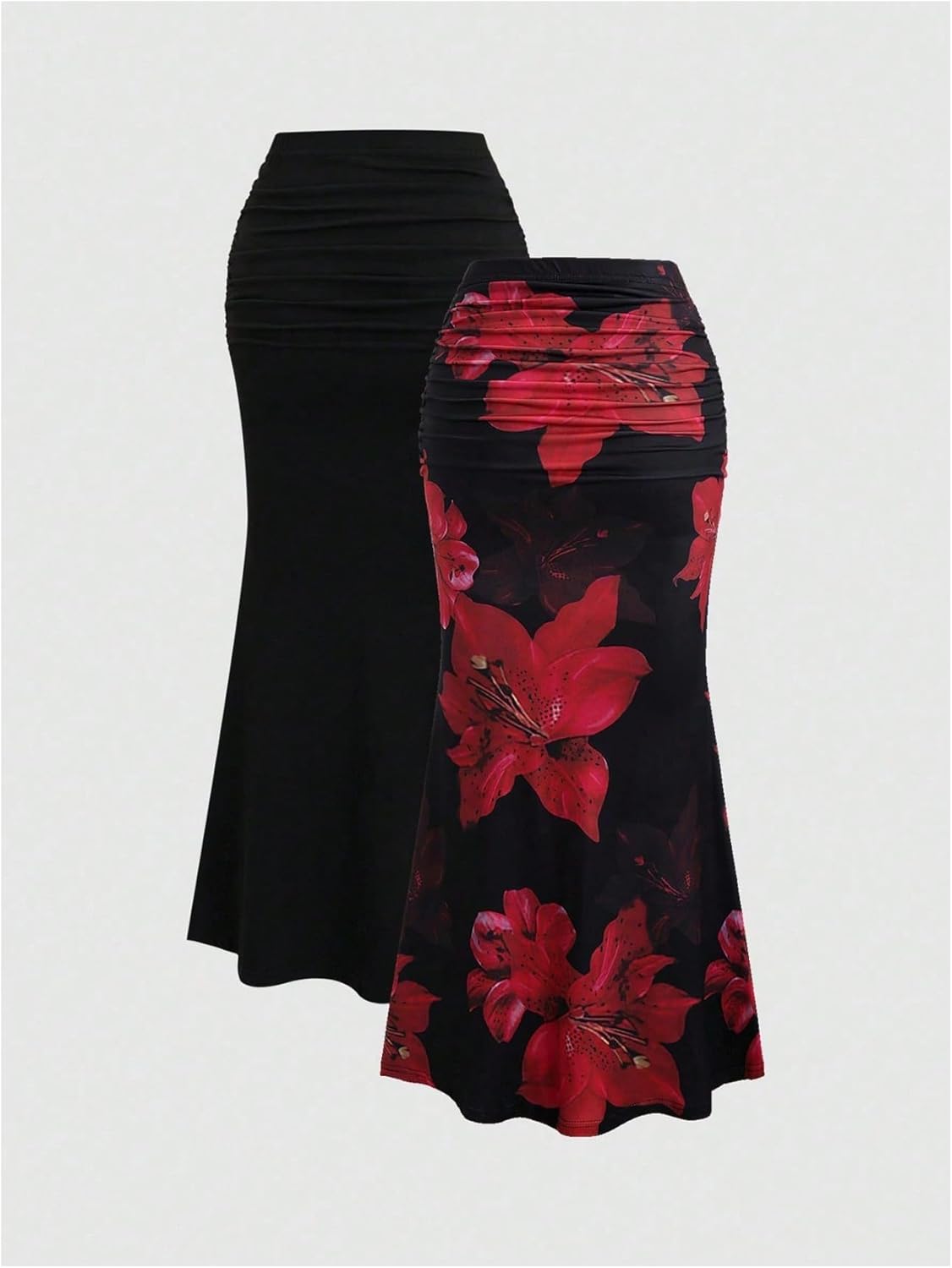 MakeMeChic Women's 2 Pack Fishtail Skirt Elegant Floral Ruched Skinny Bodycon Ruffle Long Skirts - Image 2