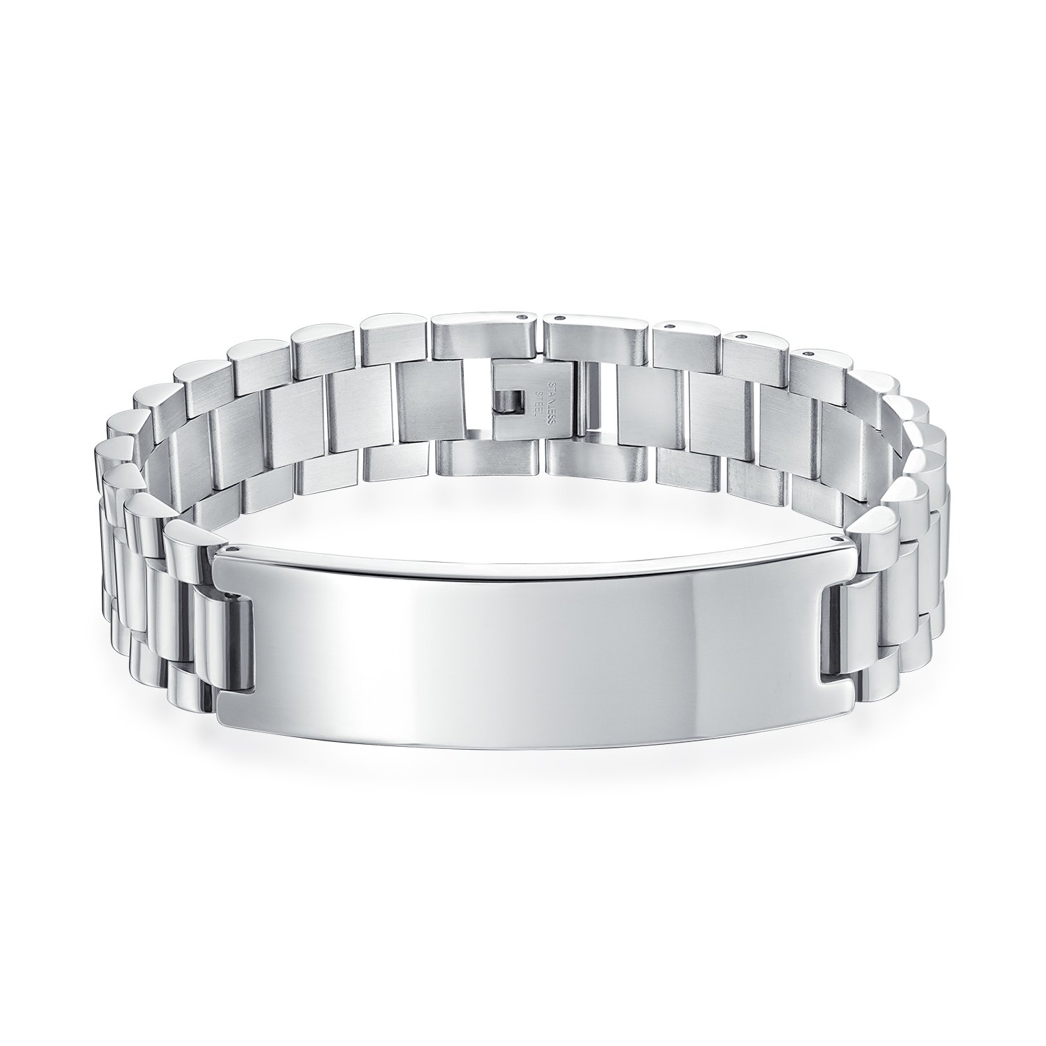 Bling Jewelry Personalizado Grabar Nombre Bar Identificación ID Pulsera Cruz X Link Banda para Hombres Dos Tonos Acero Inoxidable Chapado en Oro Mate 8, 8,5 Pulgadas