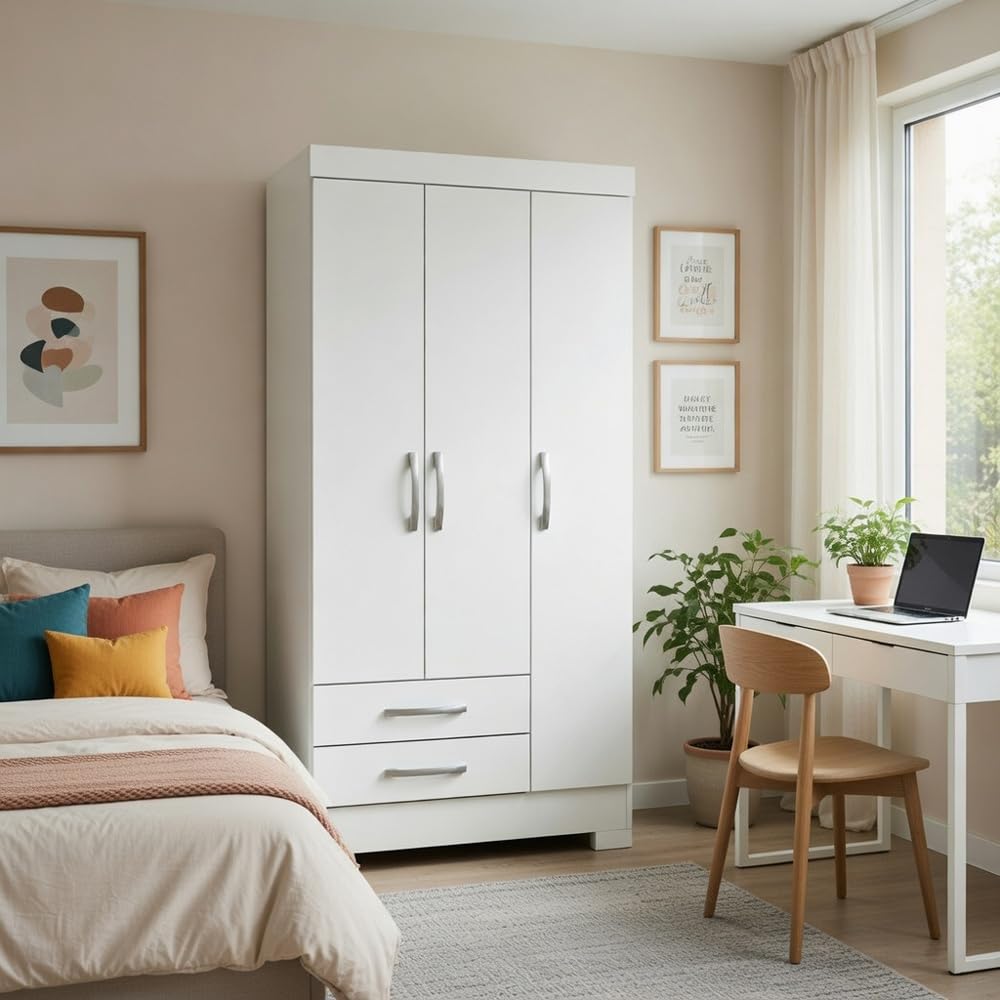 Befara Armoire JUVÉNILE avec TIROIRS MANAOS, Blanc, 82,5 x 46,5 x 185 cm, Petit Placard de 80 cm avec tiroirs et étagères, Petits placards, armoires à portemanteaux, armoires pour Jeunes