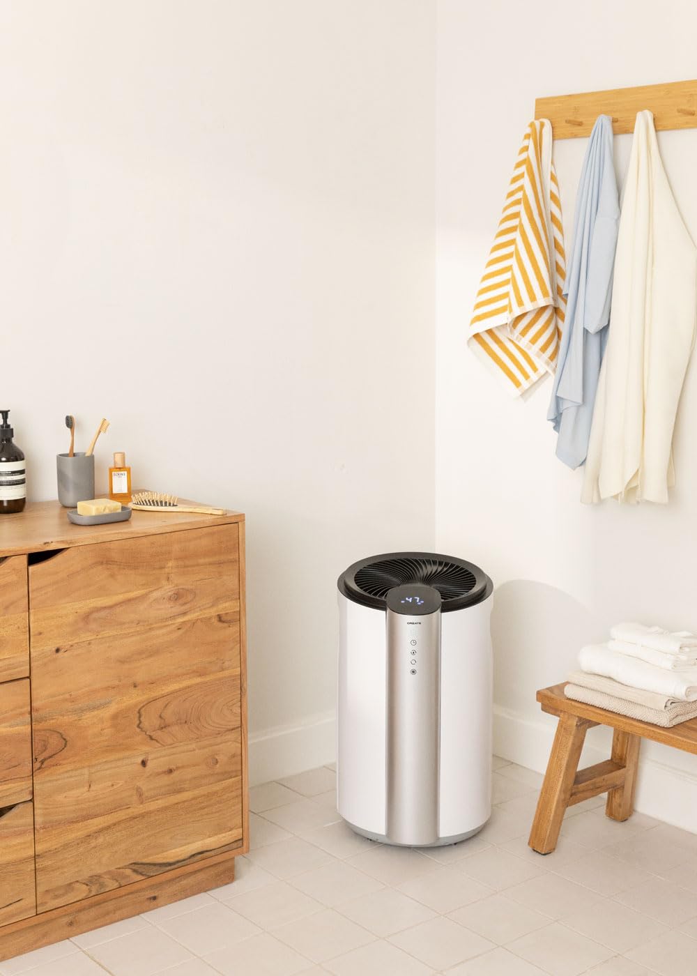 CREATE / DRYPLUS XL-SPIRAL / Deumidificatore portatile bianco, con raffreddamento R290, deumidificazione continua, silenziosa, 20 l/giorno, 90 m², timer, elimina l'umidità, capacità 4,5L
