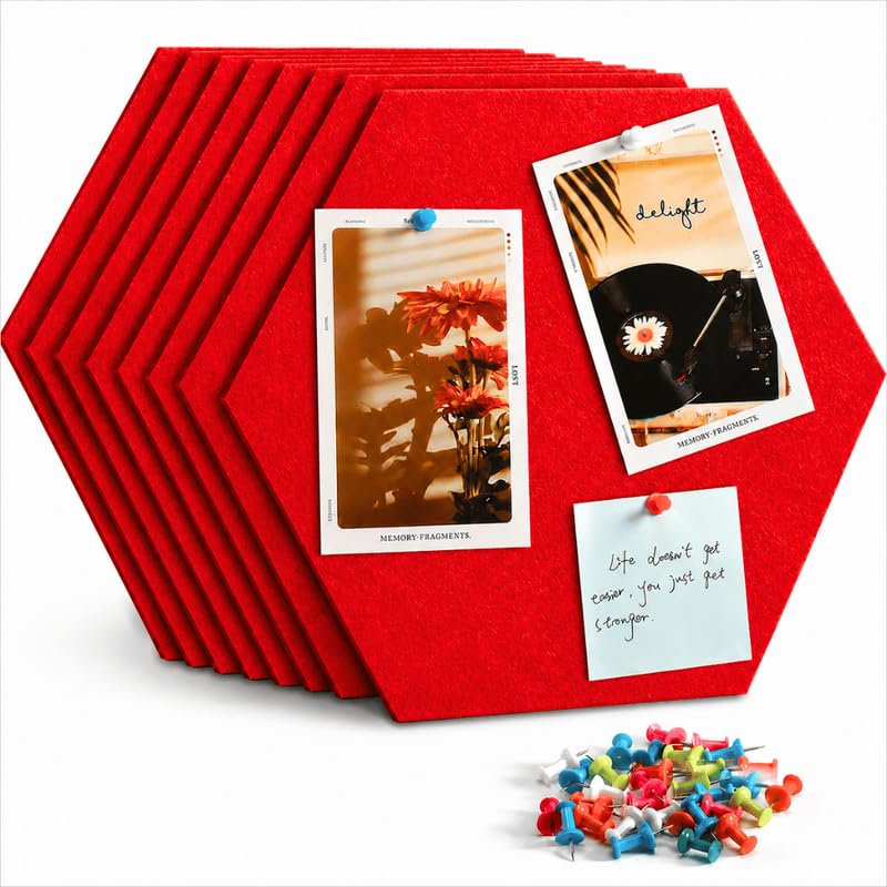 Image of Quiet Canvas Hexagon Pinboard, 1x1 ft, Pack of 8, 50 PushPins, (Red)
