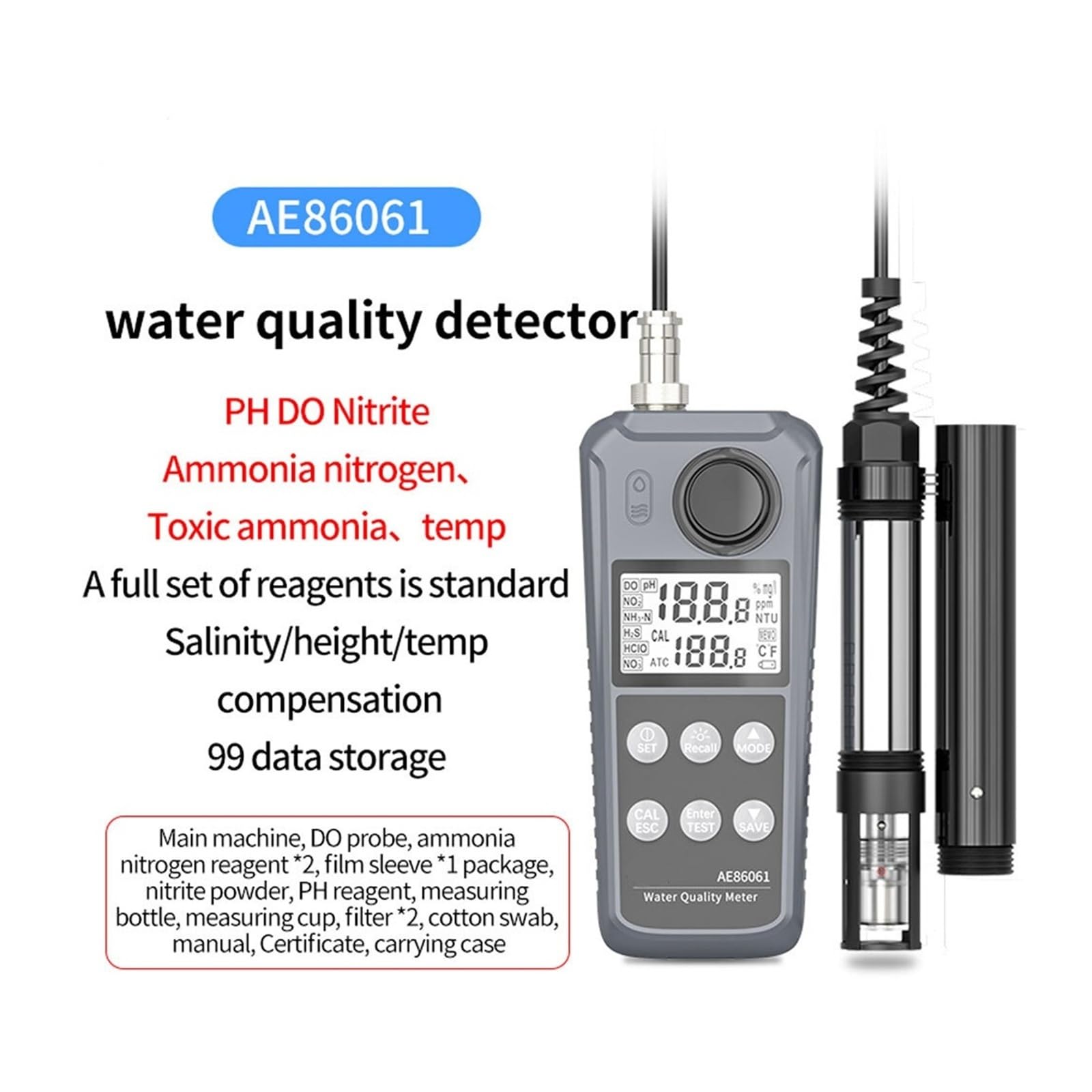 AE86061 Tester multiparametrico per la qualità dell'acqua per acquari con display retroilluminato | Misuratore di pH/ossigeno disciolto/temperatura/ammoniaca/nitriti e ossigeno disciolto con display