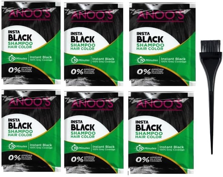 Anoos Insta Black Shampoo Hair Colour 20 Ml Pack of 6 With Brush No parabens No Ammonia No Silicone thus providing black and lustrous hair. It can be applied to head, beard, and moustache.