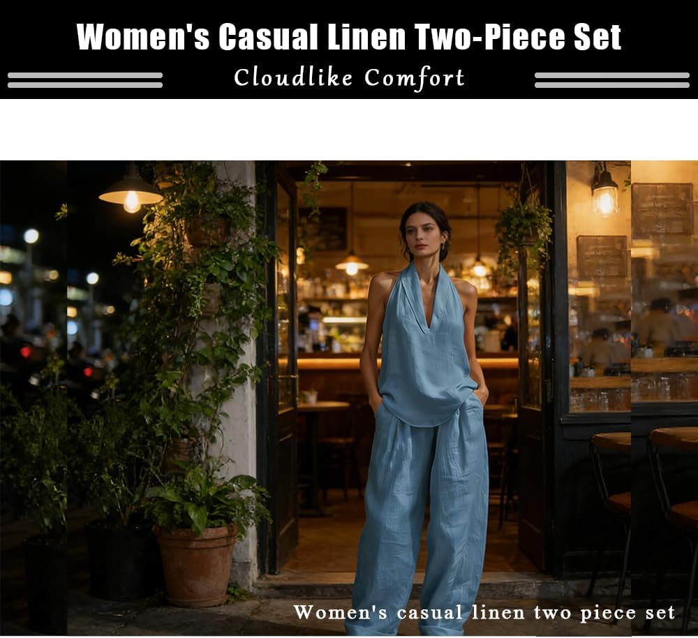 Women's Casual and Cozy Minimalist Linen Two-Piece Set Linen V-Neck Sleeveless Top and Wide Leg Pants Set