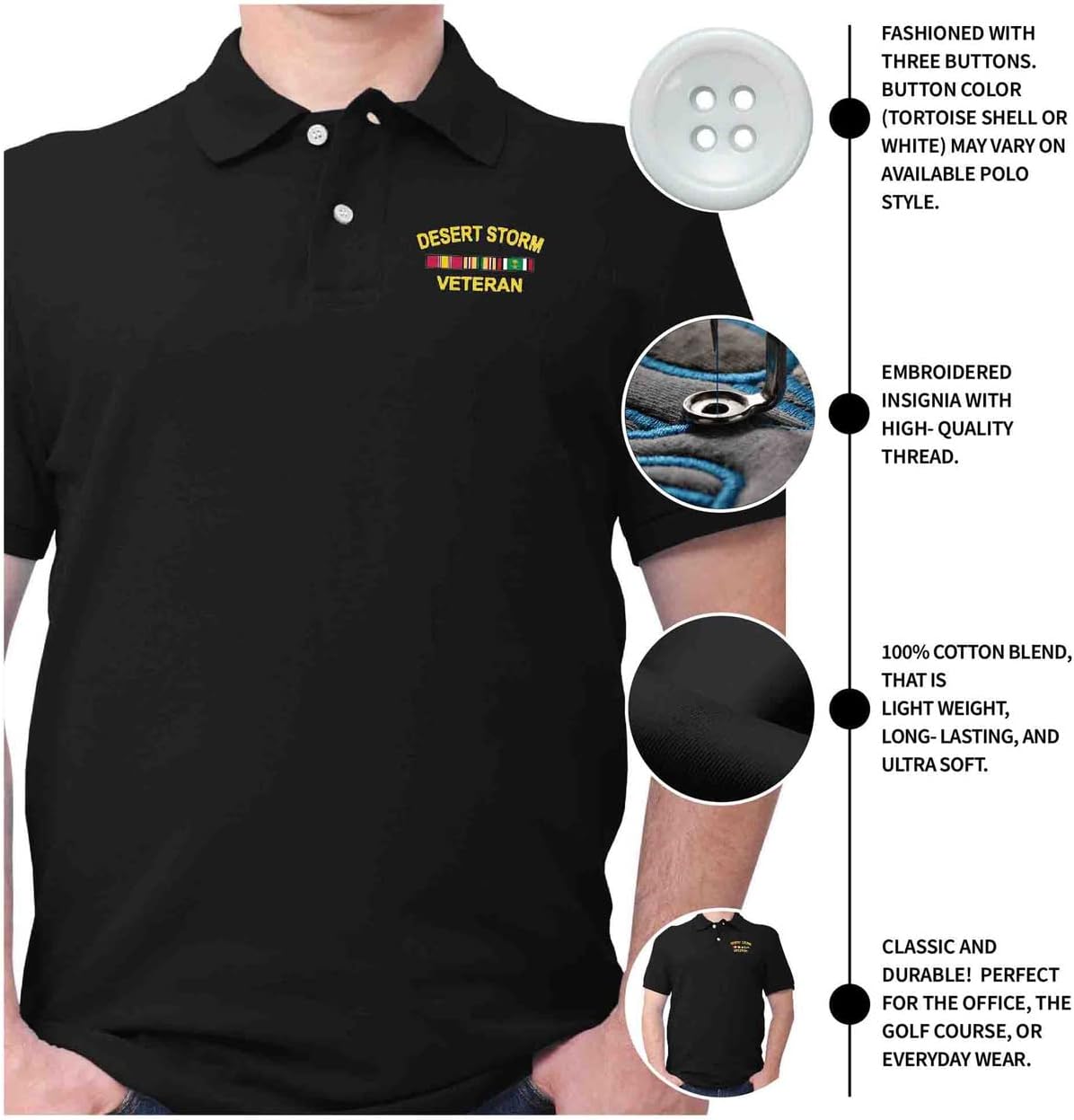 Desert Storm Veteran Polo Shirt - Embroidered with Service Ribbons & Text