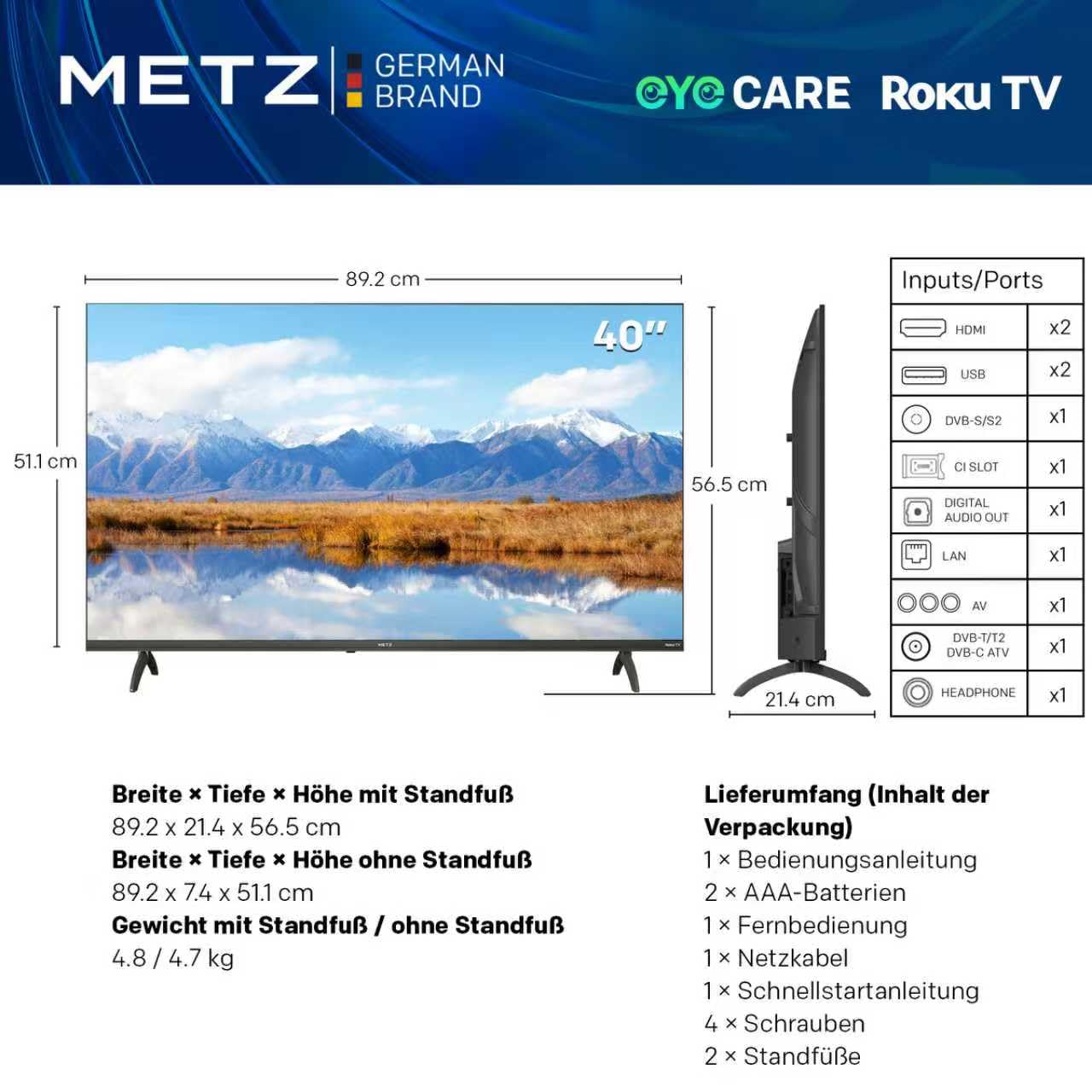 METZ Blue Roku TV, HD Smart TV, 40 Zoll, 100 cm, Fernseher mit Triple Tuner, WLAN, LAN, HDMI, USB, 40MTD3011Z, schwarz