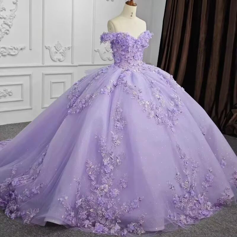 Glitter Quinceanera Dresses Ball Gown Ruffles Off Shoulder 3D Flowers Applique Brithday Princess Party Dress3