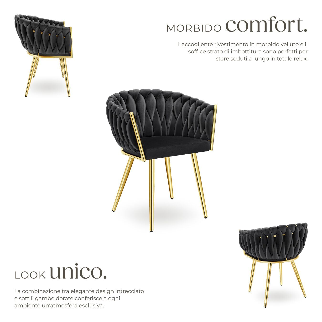 tectake® Set di 6 Sedie da Pranzo con Braccioli, Sedie Soggiorno in Velluto Extra Fine, Design Elegante a Nodo, Poltrone Velluto con Morbida Imbottitura, Sedie per Sala da Pranzo Versatili - Nero/Oro