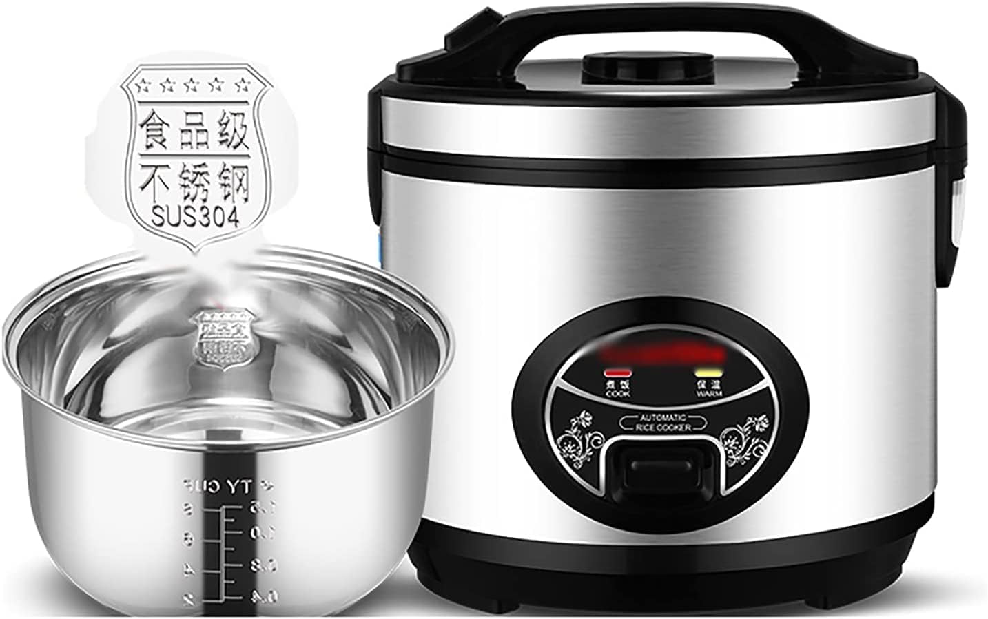 Rice Cooker with Steamer 304 Stainless Steel Inner Pot, Intelligent Insulation, Make Rice & Steam Healthy Food & Vegetables (6L) ()