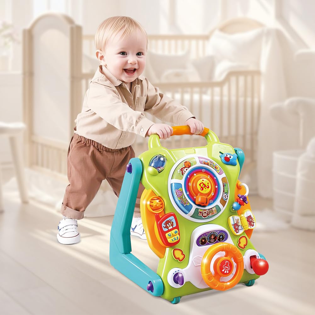 BAKAJI Primi Passi 3 in 1 Gioco Trasformabile in Tavolo, Centro Attività Giocattolo per Prima Infanzia, Supporto Camminata per Bambini, Funzione Trainante, Gioco Educativo con Luci e Suoni