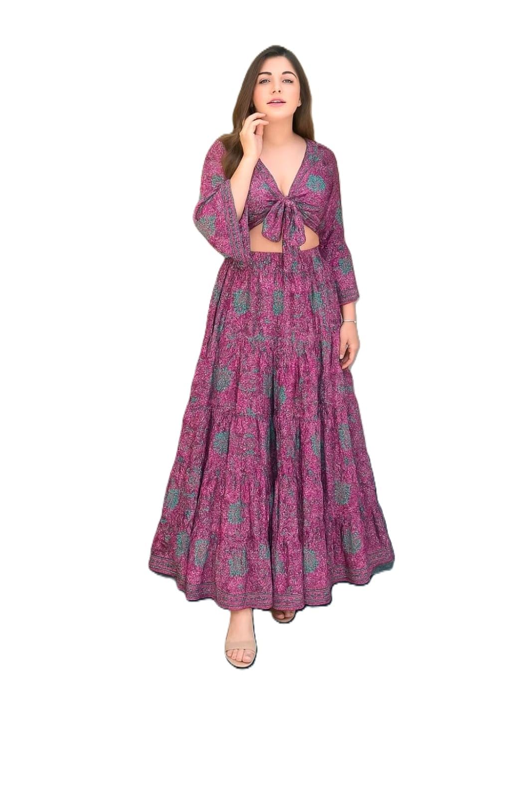 ukal Women Fashion Printed Wrap Top Suit Set Perfect for Beach, Stylish Lehenga Type (IN, Alpha, L, Plus Size, Purple)-picture-17