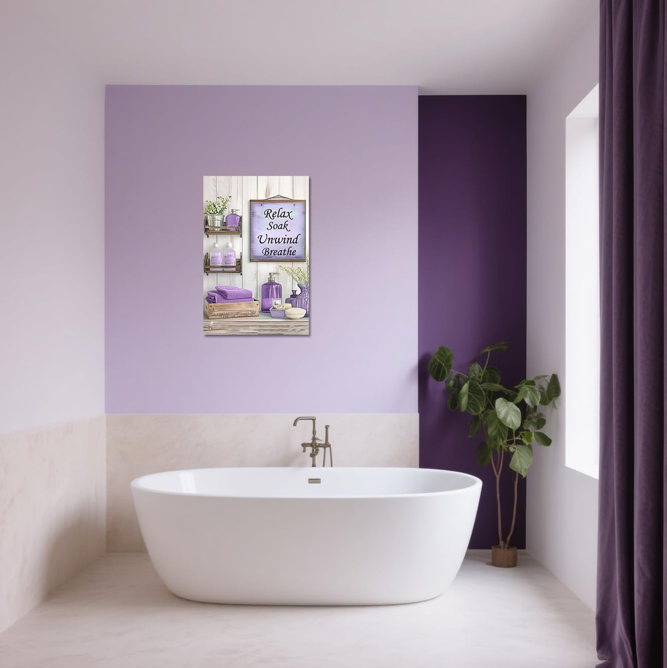 BJYCHG Purple Bathroom Canvas Wall Art Rustic Bathroom Picture Prints Farmhouse Flowers Bottles Painting Purple Wall Decor for Toilet Restroom Framed (Lavender, 18L x 12W)
