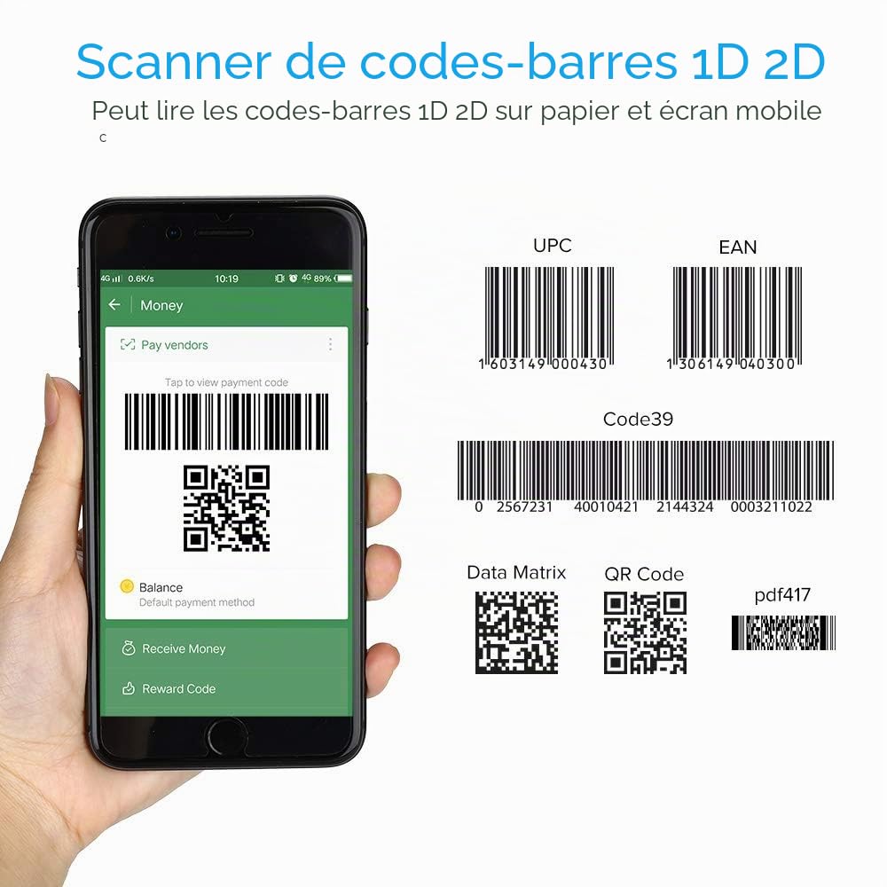 Portable Ring 1D 2D QR Barcode Scanner, Portable sans fil Finger Mini Bar Code Reader Compatible pour Windows, Mac OS, Android 4.0+, iOS Support Scan QR PDF417 DataMatrix sur écran et papier