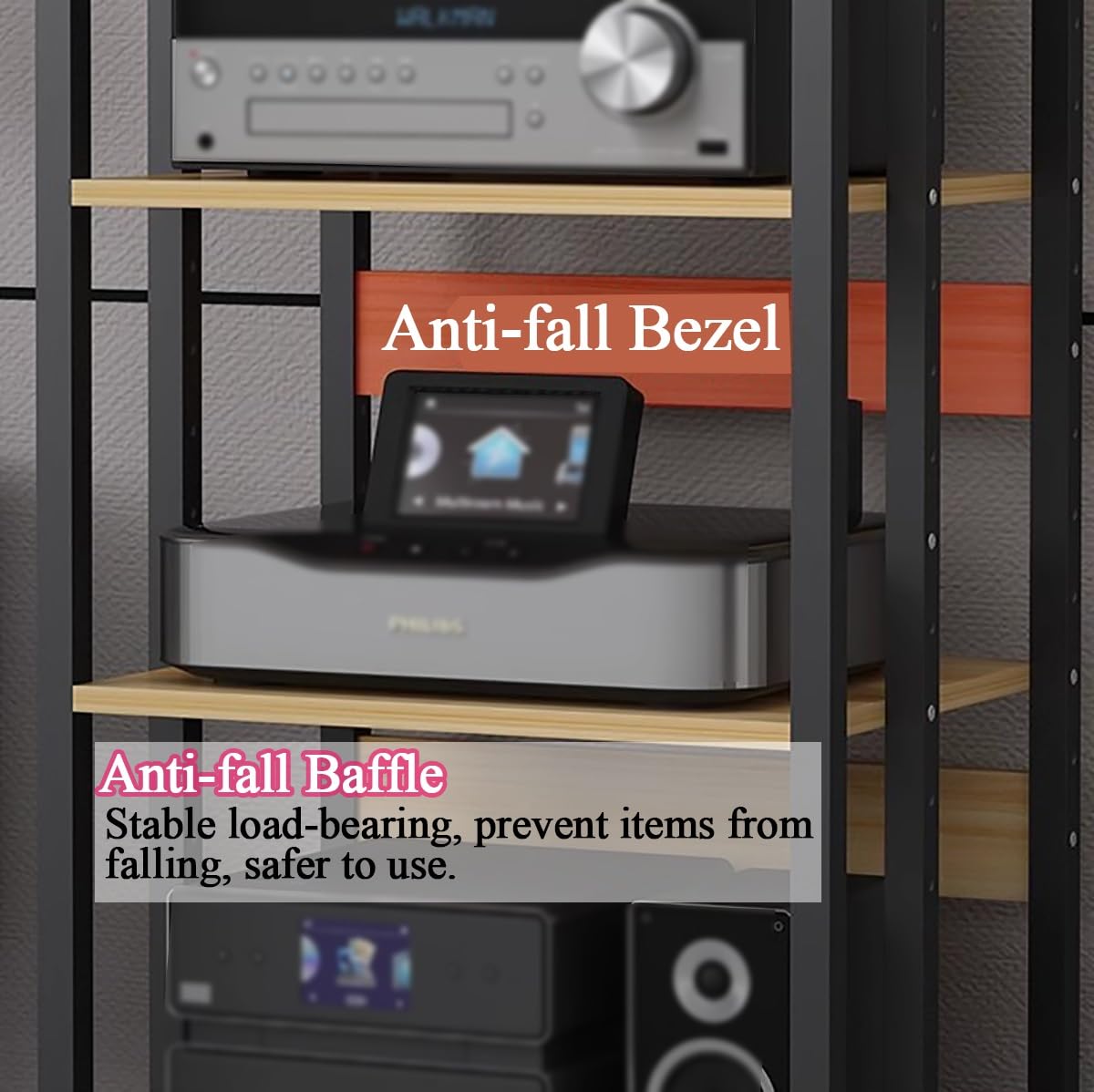 Domowa szafka stereo, wolnostojący stojak na nośniki do odtwarzacza płyt, głośnika, wzmacniacza, odbiornika - komponent audio, jednostka do przechowywania rozrywki do salonu i klubów