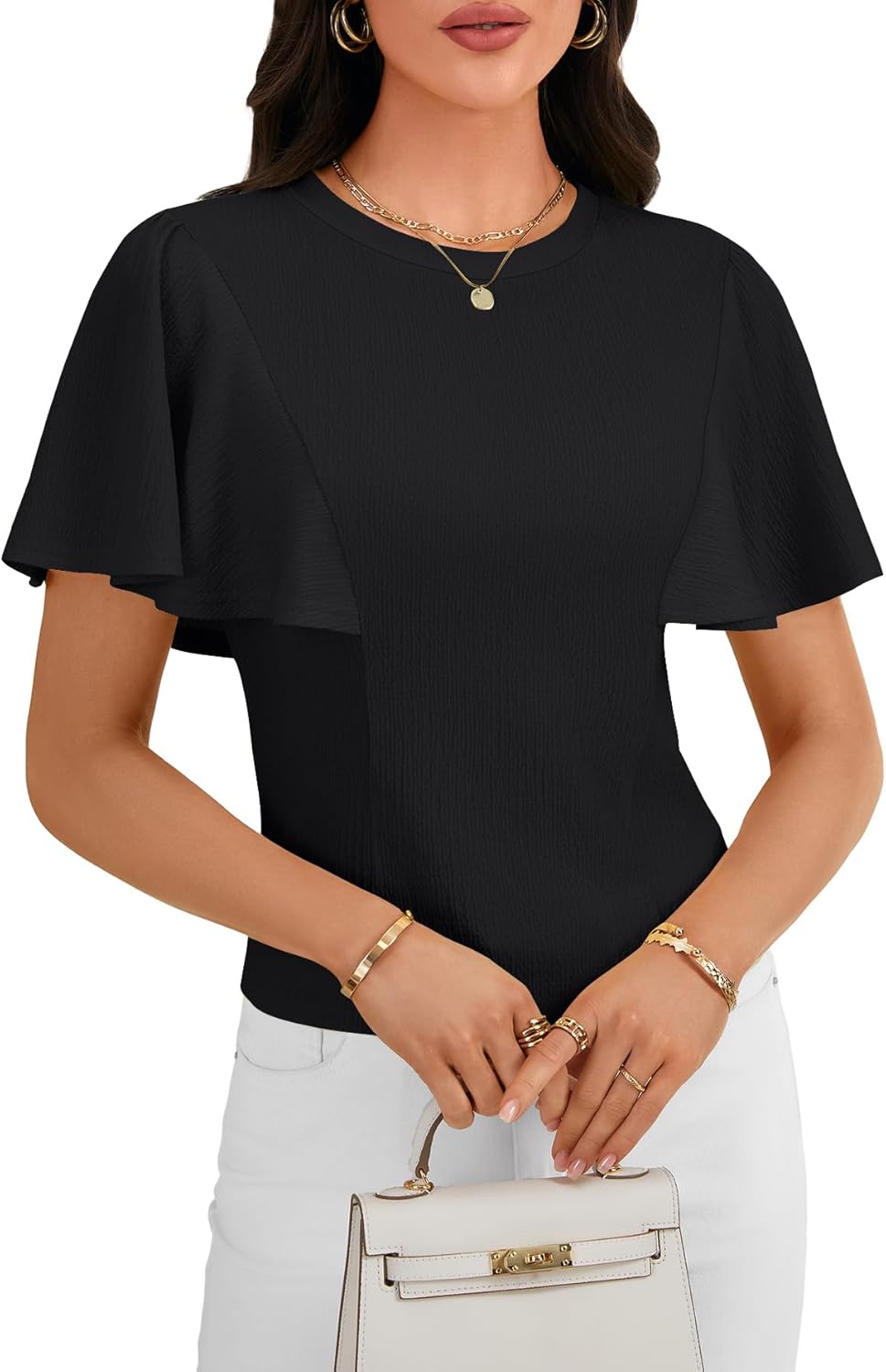 LYANER Women's Crewneck Ruffle Short Sleeve Ruched Slim Fit Work Office Blouses Tops - Image 2