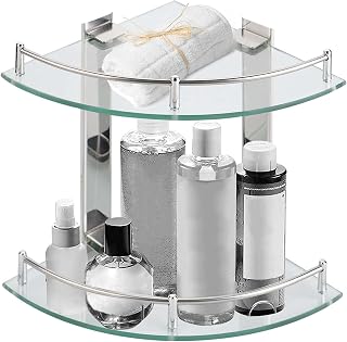 Holdfiturn Bathroom Corner Shelves 2-Tier Glass Bathroom Corner Shelf 2 x 235mm (9.2" Approx) Glass Shelf Tempered Shower Caddy Storage Organiser Bathroom Shelf Wall Mounted
