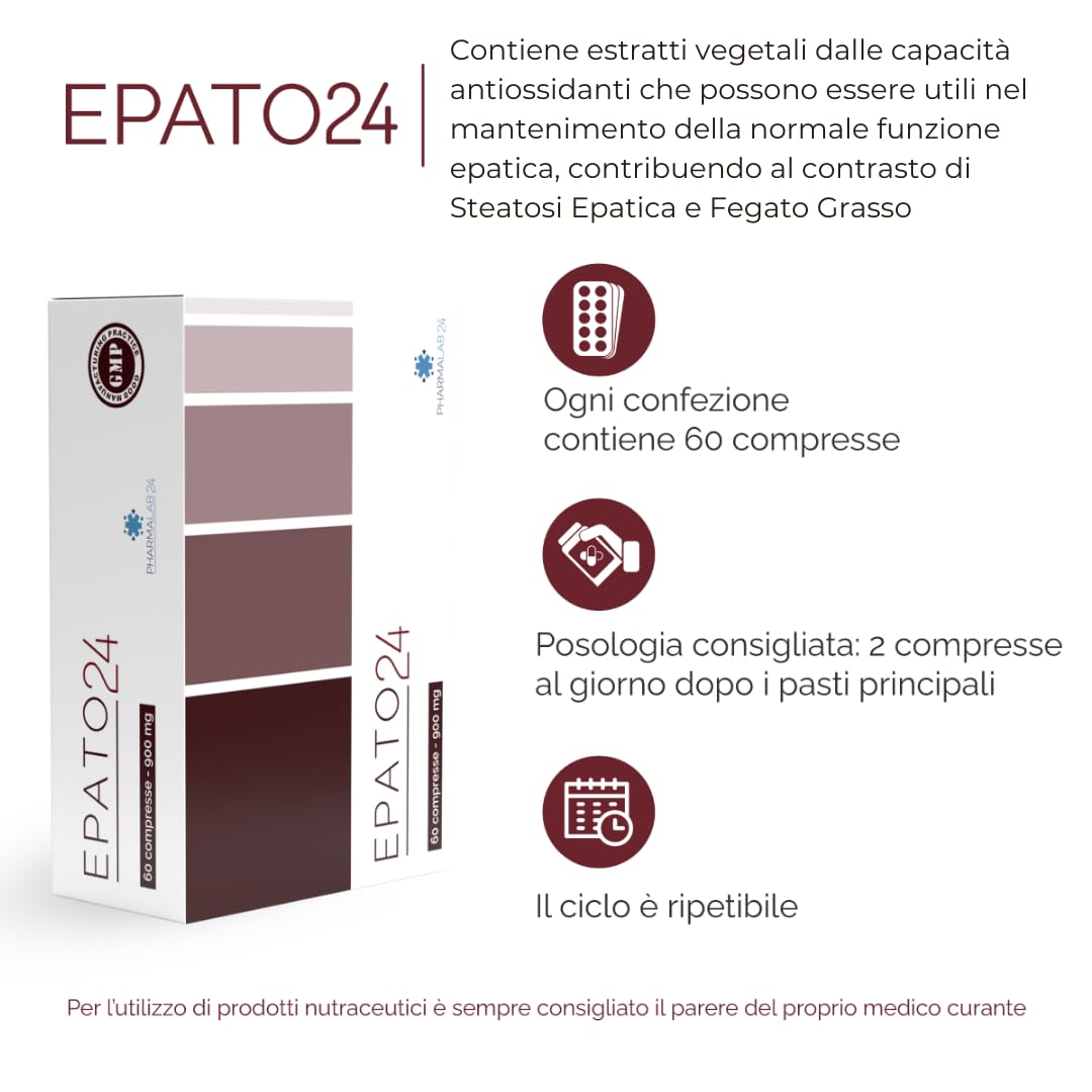 Epato24 | Integratore Fegato Grasso Disintossicante Forte, Integratore Alimentare per Steatosi Fegato - 60 Compresse da 900 mg
