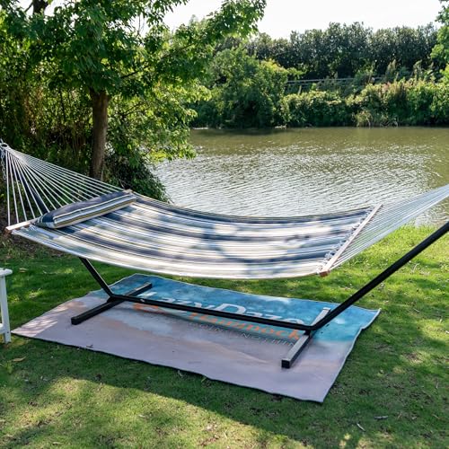 Image of Lazy Daze Hammocks 12 FT Quilted Fabric Double Hammock with Spreader Bars, Detachable Pillow and Carabiners, 450lbs Weight Capacity, Forest Stripes