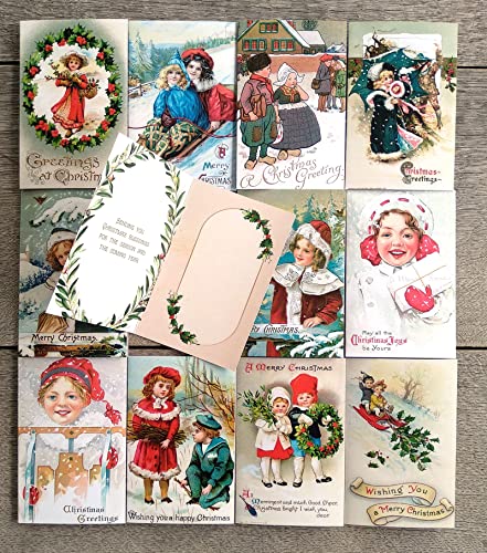 Image of PIXILUV HAPPY CHRISTMAS (Pack of 12) Notecards Small Greeting Cards # Cheerful Happy Children in Christmas Scenes ~ Vintage Christmas Postcards Reprint
