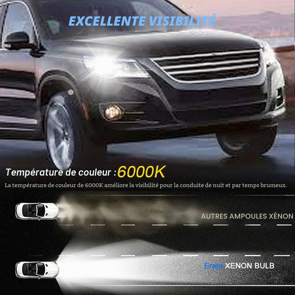 Erato D5S 6000K 25W Ampoules de phares au xénon HID Blanc Diamant Lampe | décharge Feux Croisement et Route 12V Lampe Remplacement xénon Ampoule Remplacement étanche pour Voiture, Lot de 2