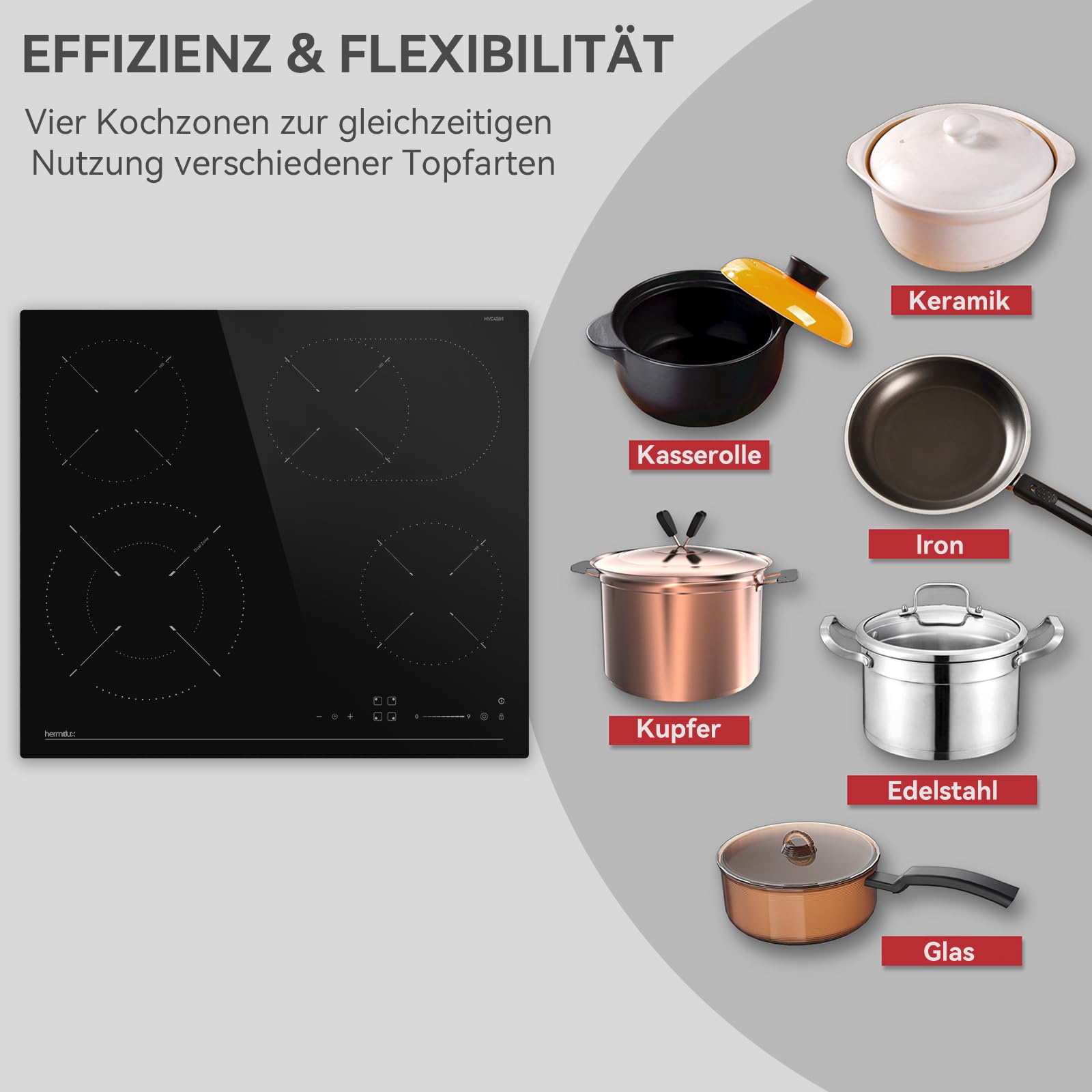 Hermitlux Glaskeramikkochfeld 59cm 4 Platten mit Duale und Ovale Zonen, 9 Heizstufen, 7200 W, Timer, Kindersicherung, Geeignet für alle Pfannen, Kein Stecker