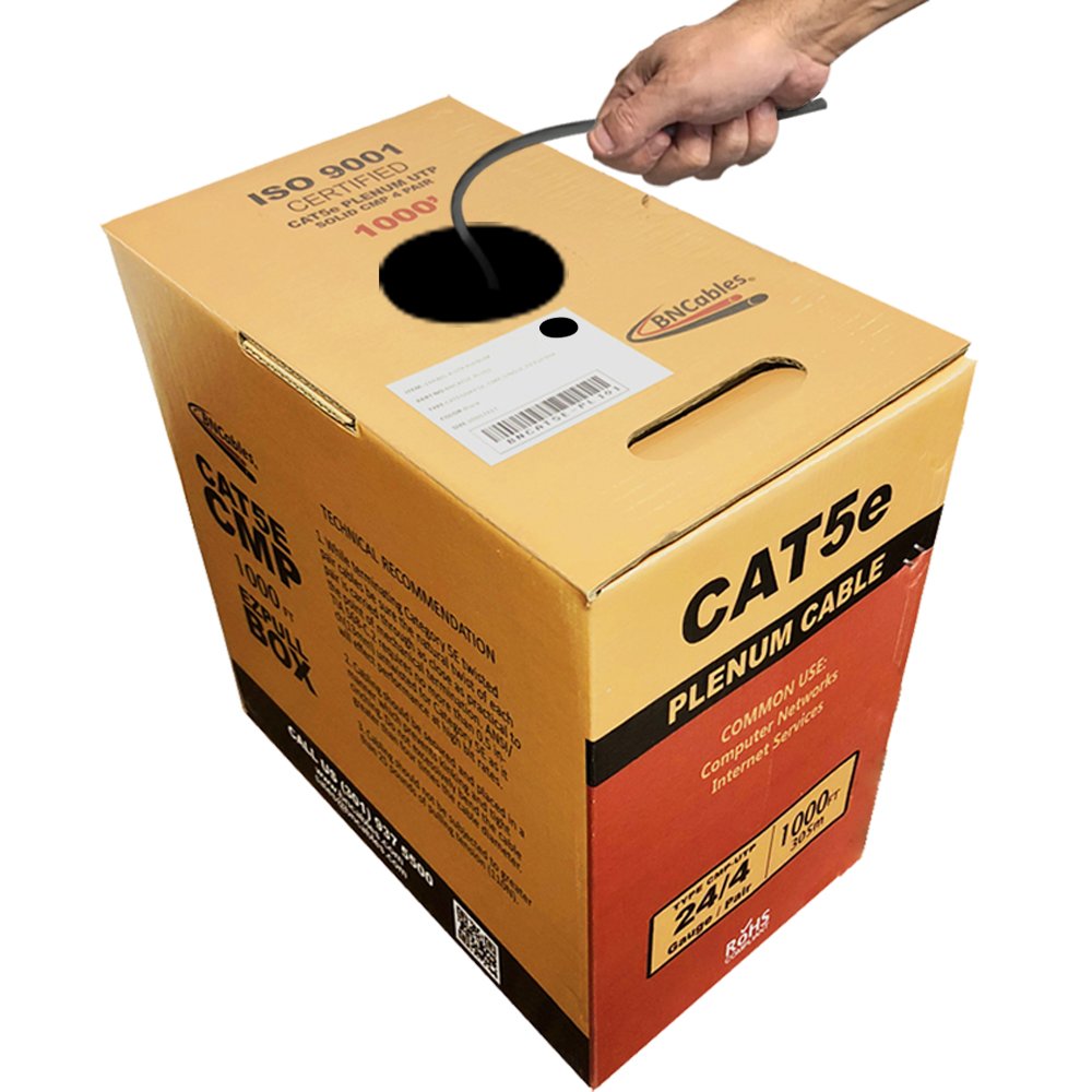 CAT5e (CMP) Plenum Cable, 1000FT 24AWG 4Pair, 350MHz Solid Network Cable Unshielded Twisted Pair (UTP), Available in Blue, White, Gray & Black Color (Black)