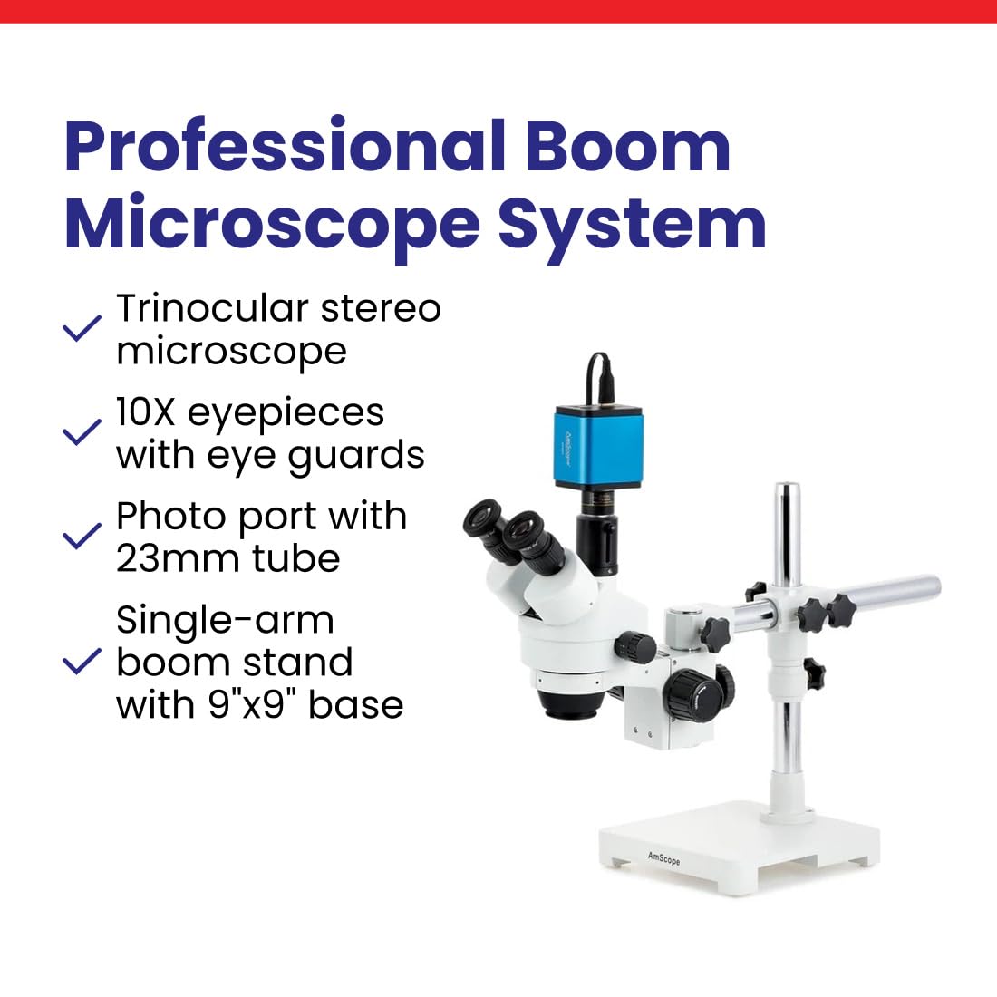 Microscopio trinoculare stereo zoom, 7X-45X, su supporto a braccio singolo.