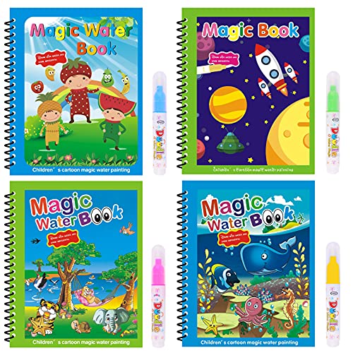 Magic Water Coloring Book-4Packs-Coloring Book For Toddler2-4Years-Water Coloring Book-Mess Free Coloring Book-Books For 3 Year Olds-Reusable Coloring Book-Gift For Toddlers-Water Painting-Wow Book