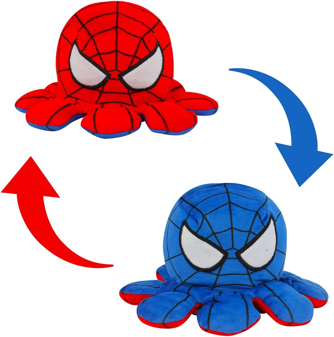 Reversible Plushie Octopus , Super hero ,Double-Sided Flip Stuffed Animal Mood Plush ,soft toy , Without Saying a Word, as A Gift for Kids & Adult or for Decoration (Spidey Red+Blue)