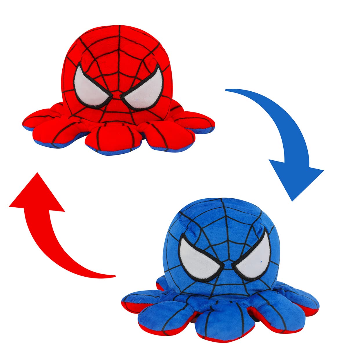 Reversible Plushie Octopus , Super hero ,Double-Sided Flip Stuffed Animal Mood Plush ,soft toy , Without Saying a Word, as A Gift for Kids & Adult or for Decoration (Spidey Red+Blue)