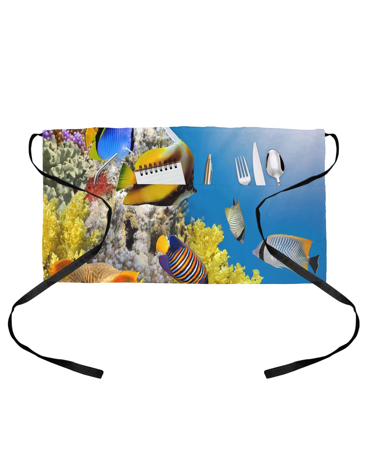 Server Apron Waitress Aprons with 3 Pockets, Underwater Coral Reef Fish SunSea Half Waist Waiter Aprons for Women Men